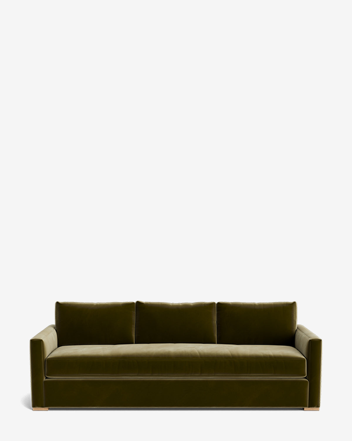 The Macy Upholstered Sofa (84-96) features modern dark green upholstery, three seat cushions, and low square arms—an elegant living room piece set against a plain white background, by McGee & Co.