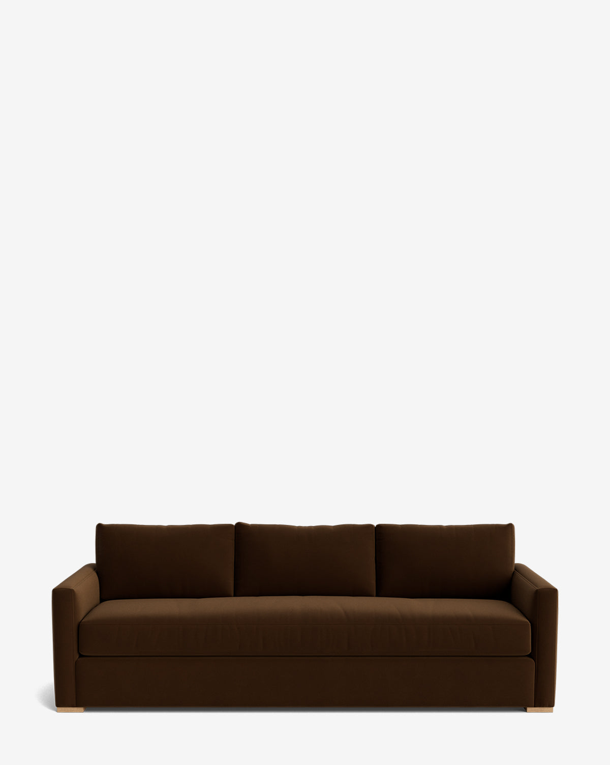 The Macy Upholstered Sofa (84-96) is a modern, dark brown sofa with three seat and back cushions, straight armrests, and a minimalist design—an ideal stylish addition to your living room décor, by McGee & Co.