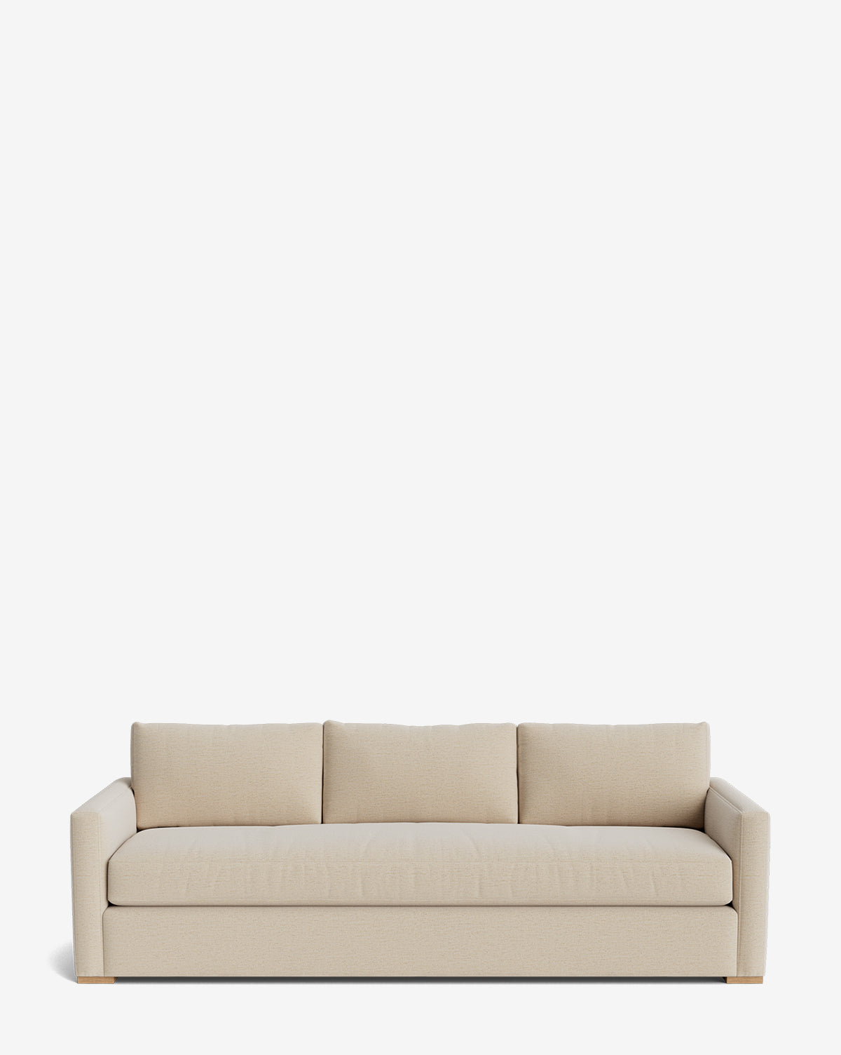 The Macy Upholstered Sofa (84-96) is a modern beige piece with three back cushions and wide square armrests, ideal for living room furniture and shown against a plain white background by McGee & Co.