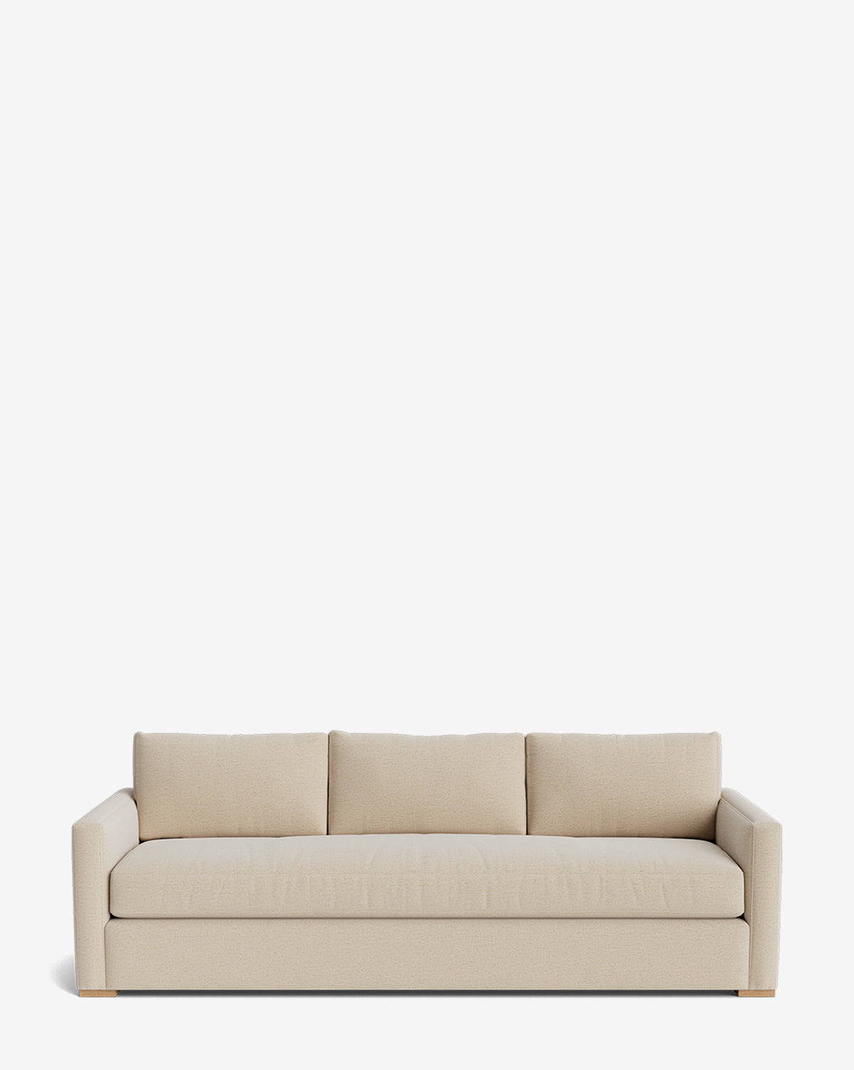 The Macy Upholstered Sofa (84-96) features a modern beige design with clean lines, three seat and back cushions, low arms, and a sleek contemporary look. Shown against a plain white background, it is perfect for minimalist living rooms by McGee & Co.