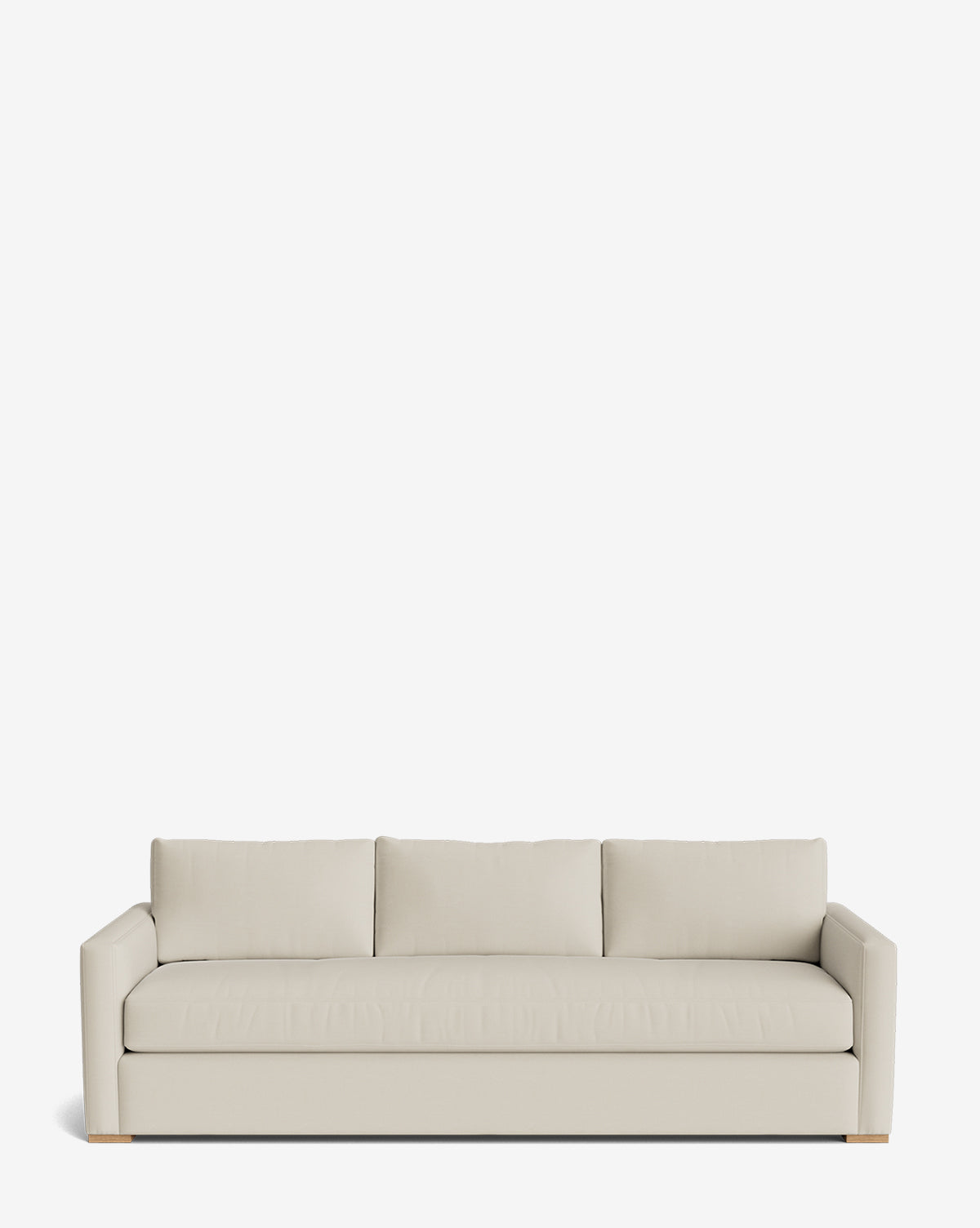 The Macy Upholstered Sofa (84-96) features a modern light beige design with three back cushions and straight armrests, making it a stylish addition to any living room, by McGee & Co. Shown here against a plain white background.