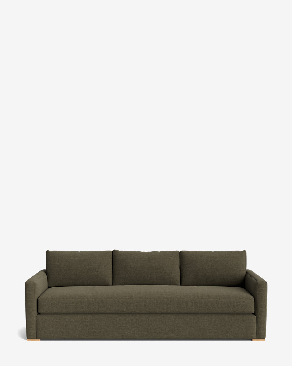 The Macy Upholstered Sofa (84-96) features dark green upholstery, three seat cushions, and straight arms on wooden feet, making it a stylish addition to any living room against a plain white background by McGee & Co.