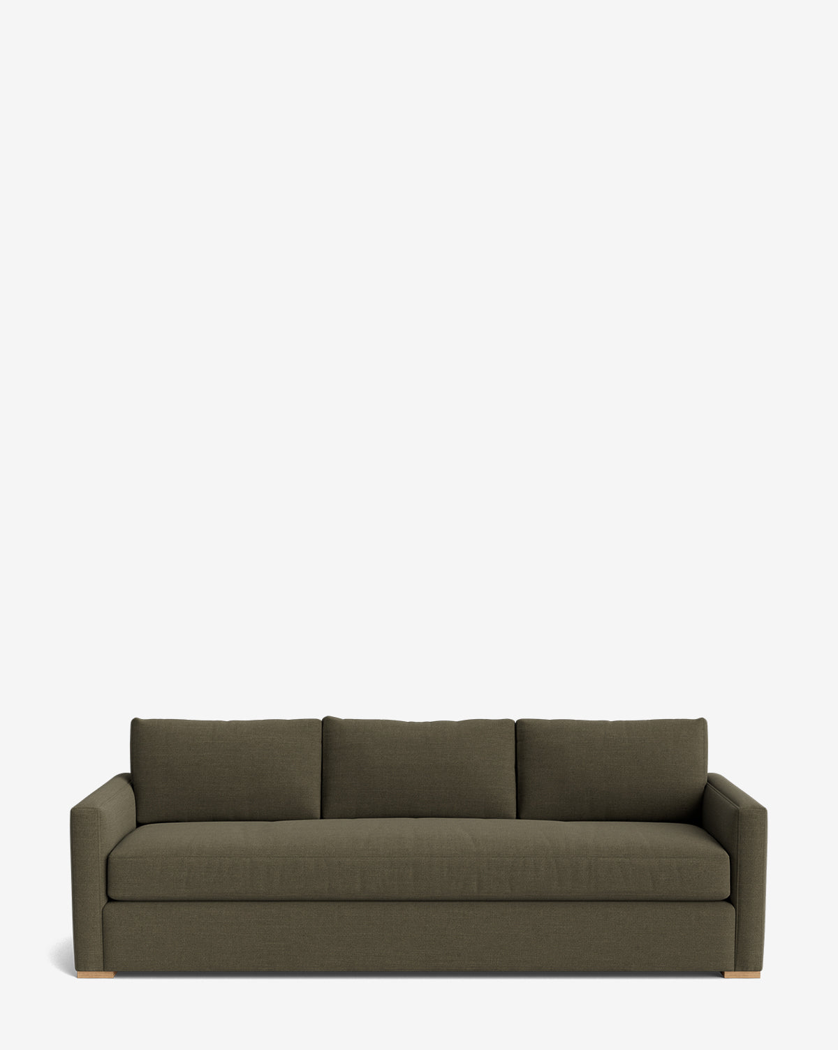The Macy Upholstered Sofa (84-96) is a modern, dark olive green sofa with three seat and back cushions, straight arms, and wooden block feet—an elegant choice for any living room, shown against a plain white background by McGee & Co.