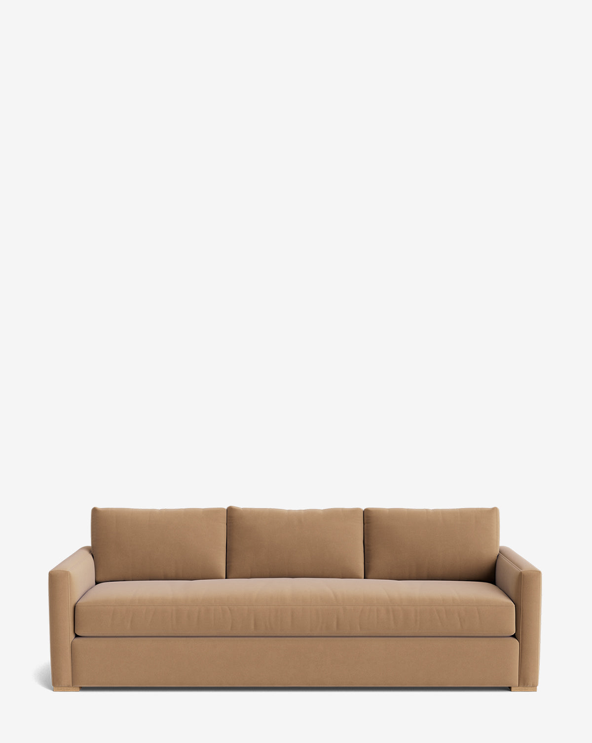 The Macy Upholstered Sofa (84-96) is a modern, three-seater in light brown fabric with clean lines, three back cushions, and square armrests—perfect for your living room and shown here against a plain white background by McGee & Co.