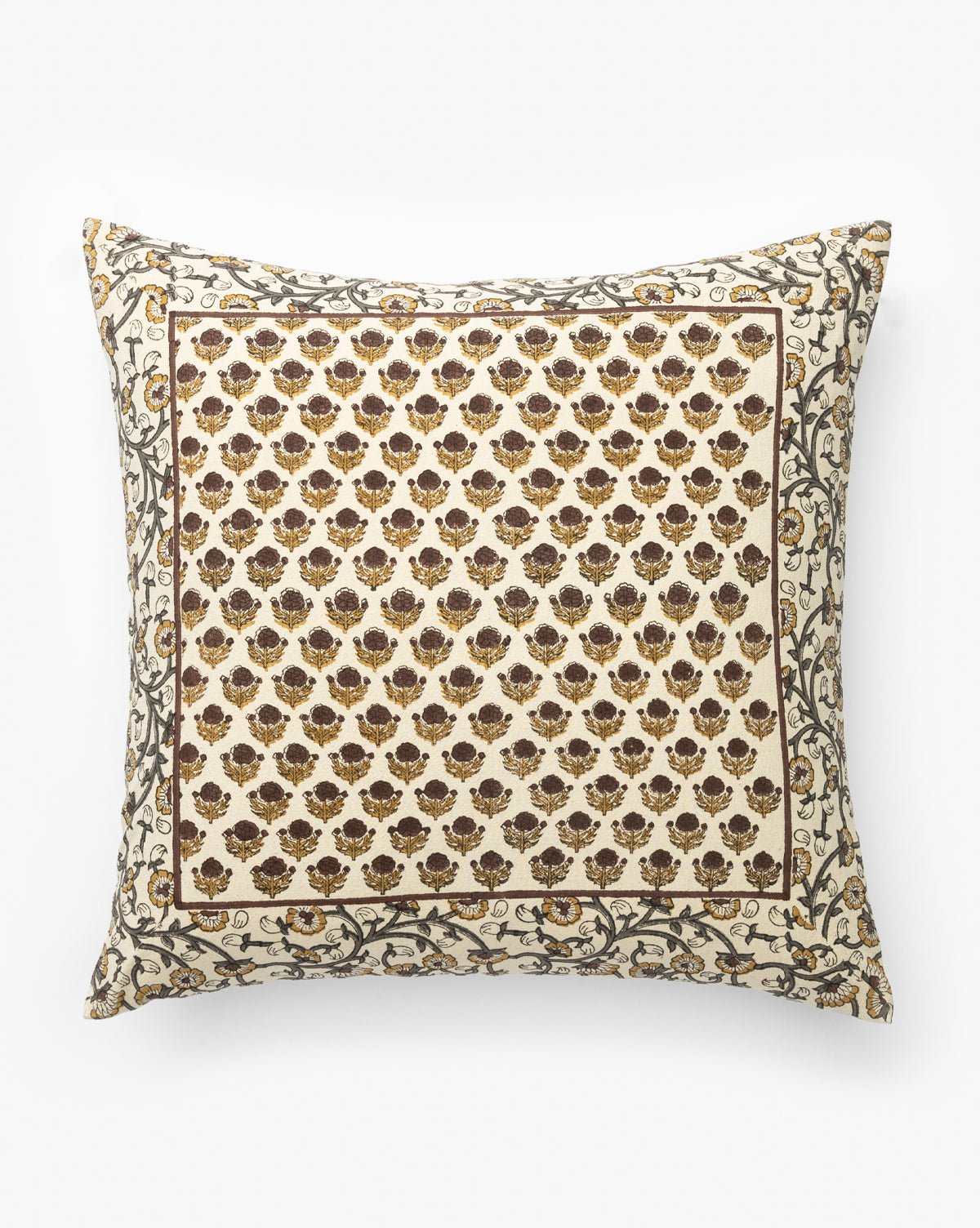 The Malik Linen Pillow Cover is a square, traditional decorative cover featuring brown and gold floral motifs on a cream background with an ornate gray and gold vine border. Made from premium cotton, it brings elegance to any space, by McGee & Co.
