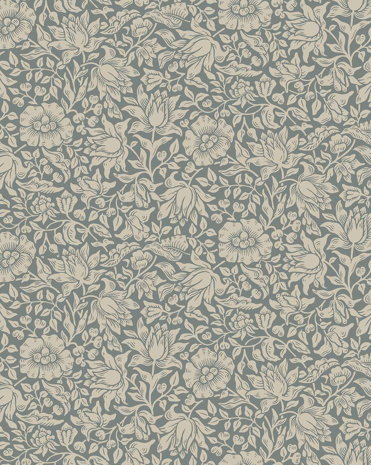 A section of floral wallpaper featuring a repeating pattern with various flowers in a cool tone color palette from McGee & Co.