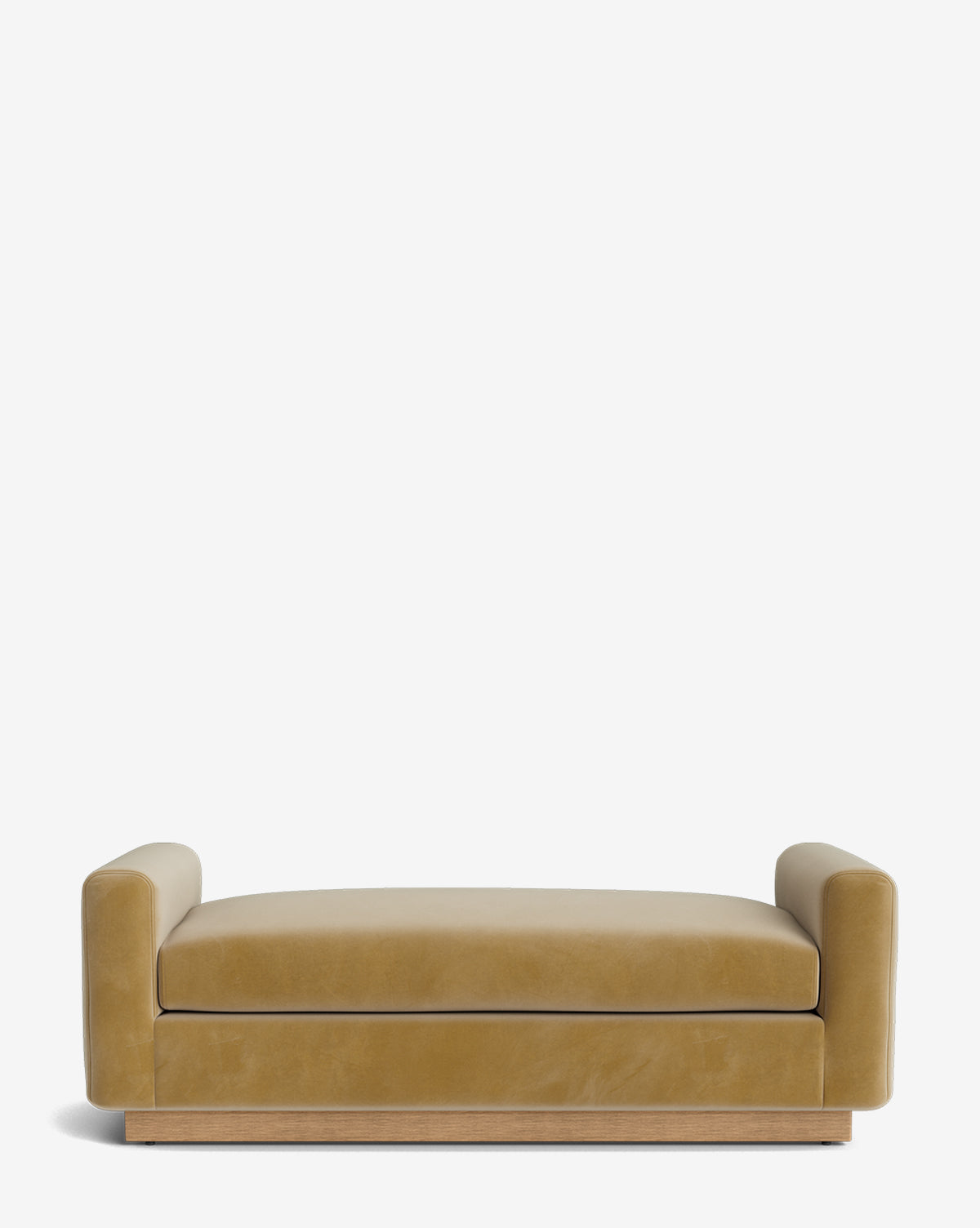 The Mansfield Bench features modern tan leather upholstery, low rectangular armrests, a flat cushion, and a light wooden base, shown here against a plain white background by McGee & Co.