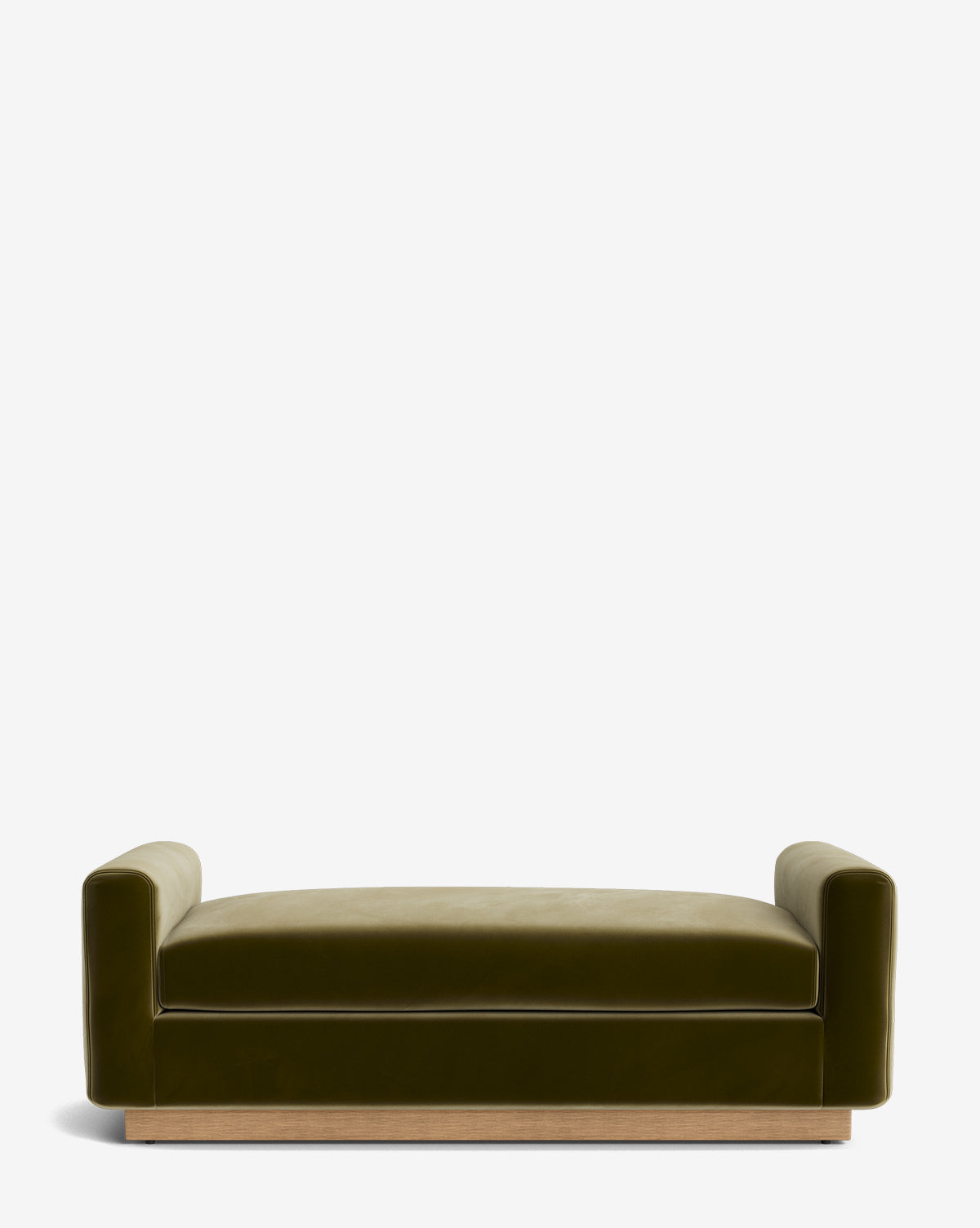 The Mansfield Bench features modern olive green velvet upholstery, low rectangular arms and backrests on each side, and a light wooden base, shown against a plain white background by McGee & Co.