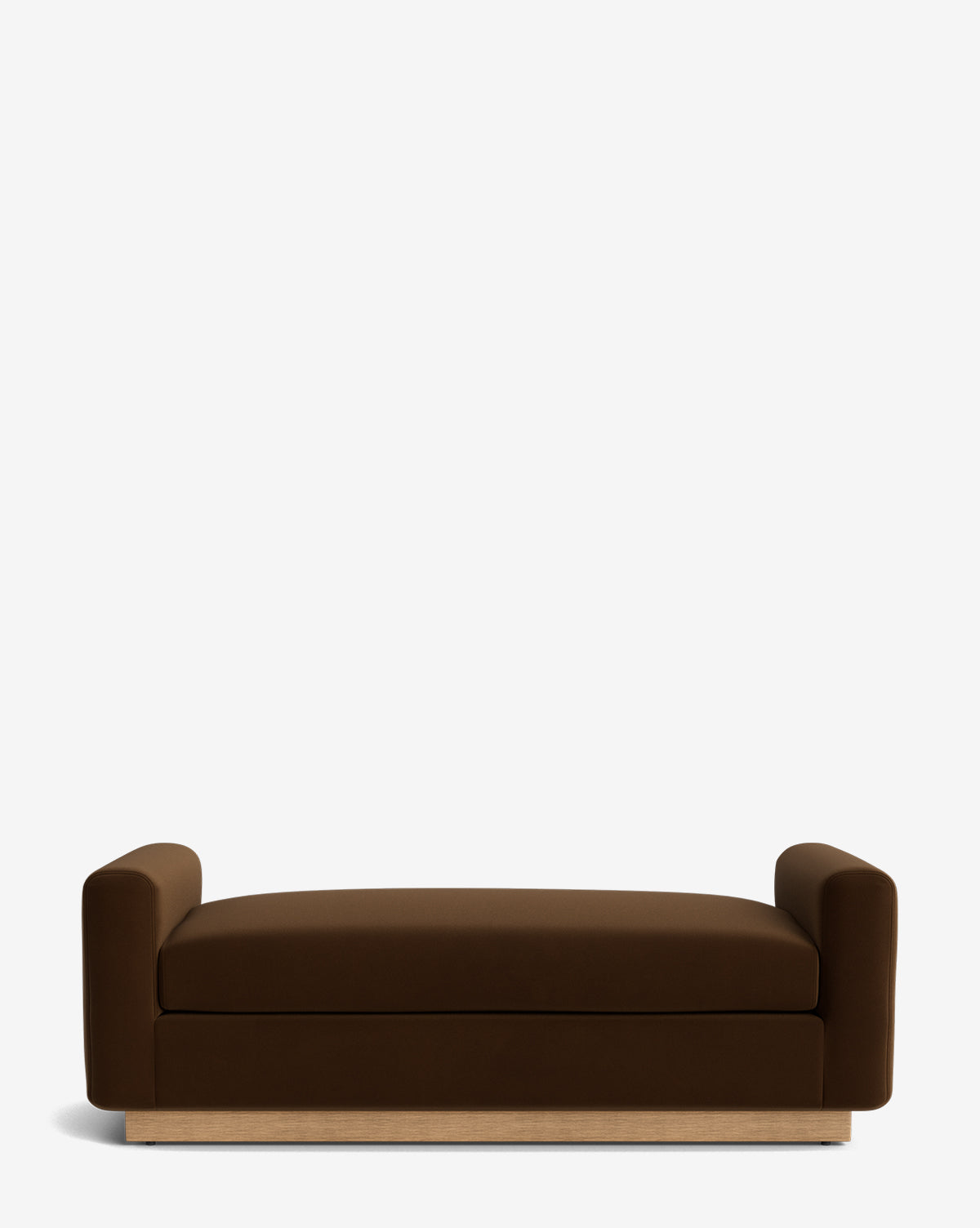 The Mansfield Bench features brown upholstery, rounded armrests on both sides, and a light wooden base, all handcrafted and displayed against a plain white background, by McGee & Co.