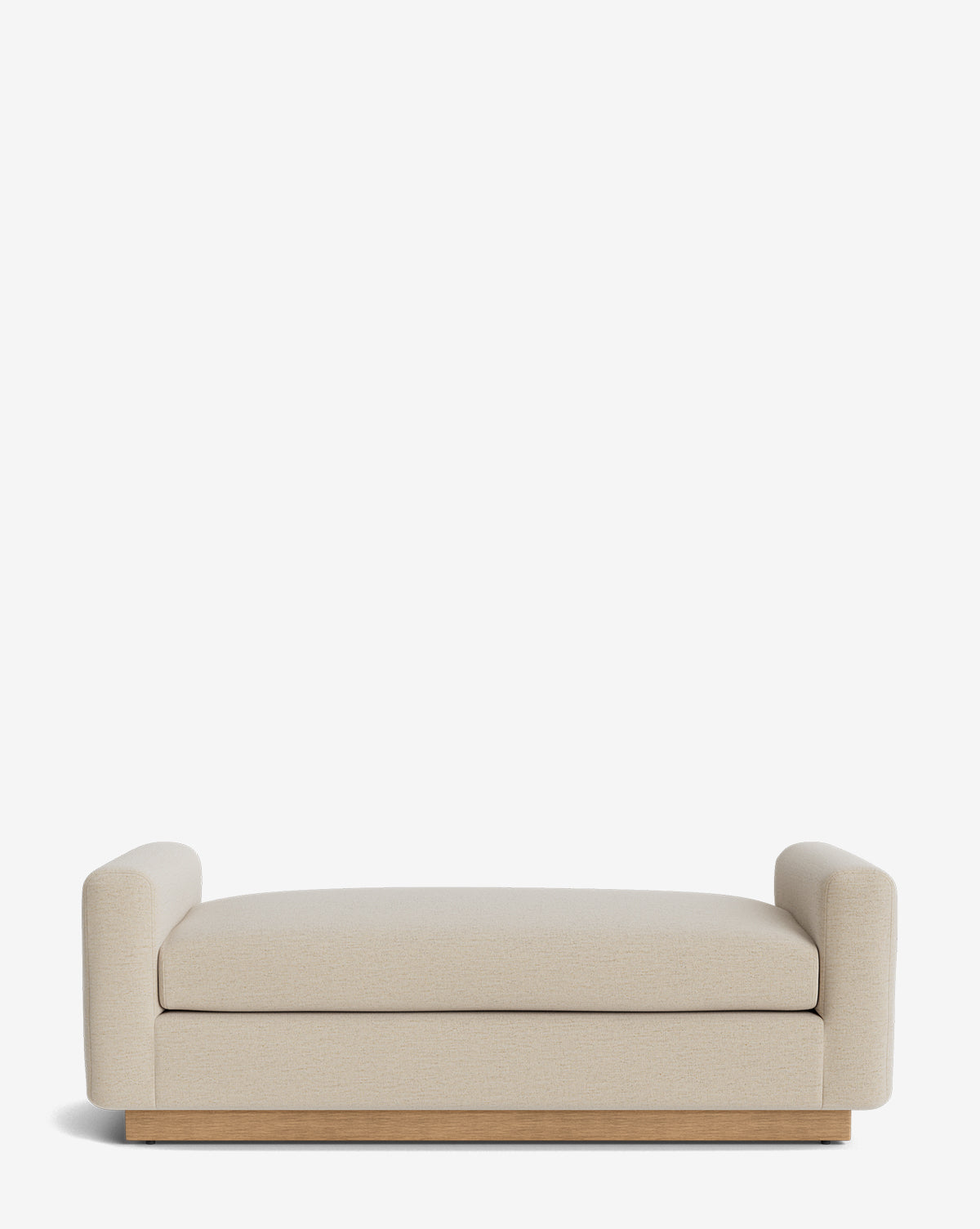 The Mansfield Bench features a modern design with beige upholstery, straight arms, and a wooden base, shown on a plain white background by McGee & Co.