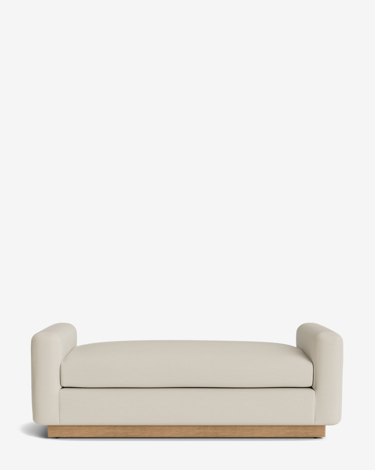 The Mansfield Bench features modern beige upholstery, rounded arms, and a wooden base, shown against a plain white background, by McGee & Co.