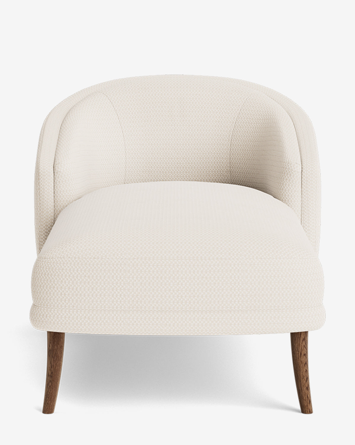 The Marguerite Chaise Lounge is a modern cream-colored accent chair with a curved backrest and wooden legs, shown from the front against a white background by McGee & Co.