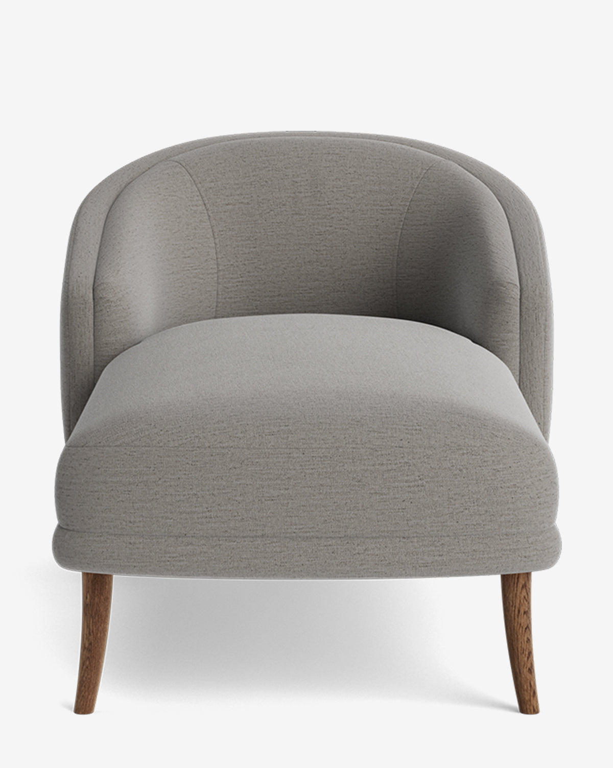 The Marguerite Chaise Lounge is a modern, light gray upholstered chair with a curved backrest and wooden legs, styled with the elegance of a traditional chaise and shown from the front against a white background, by McGee & Co.