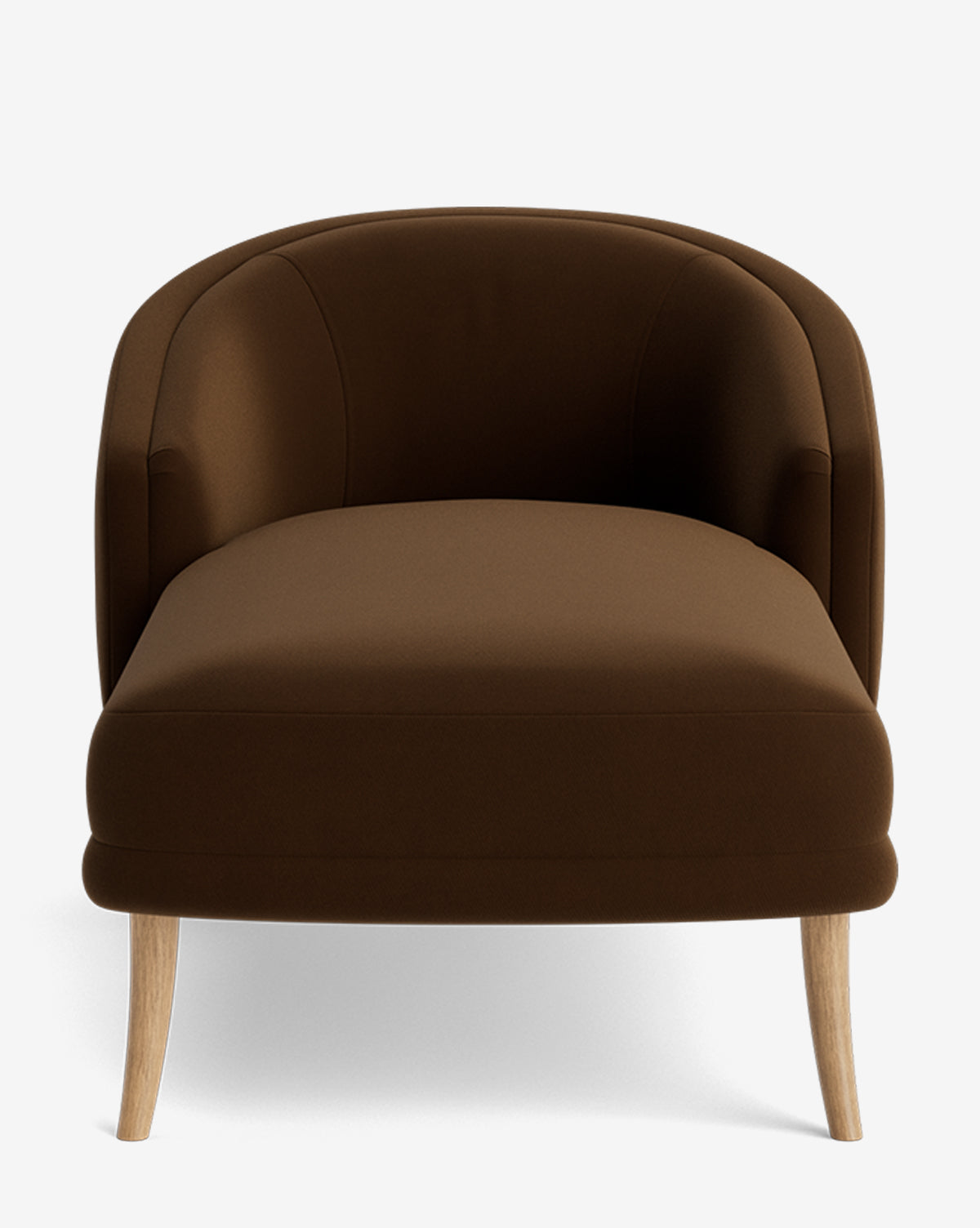 The Marguerite Chaise Lounge features a curved backrest, dark brown upholstery, and four light wooden legs, displayed against a plain white background, by McGee & Co.