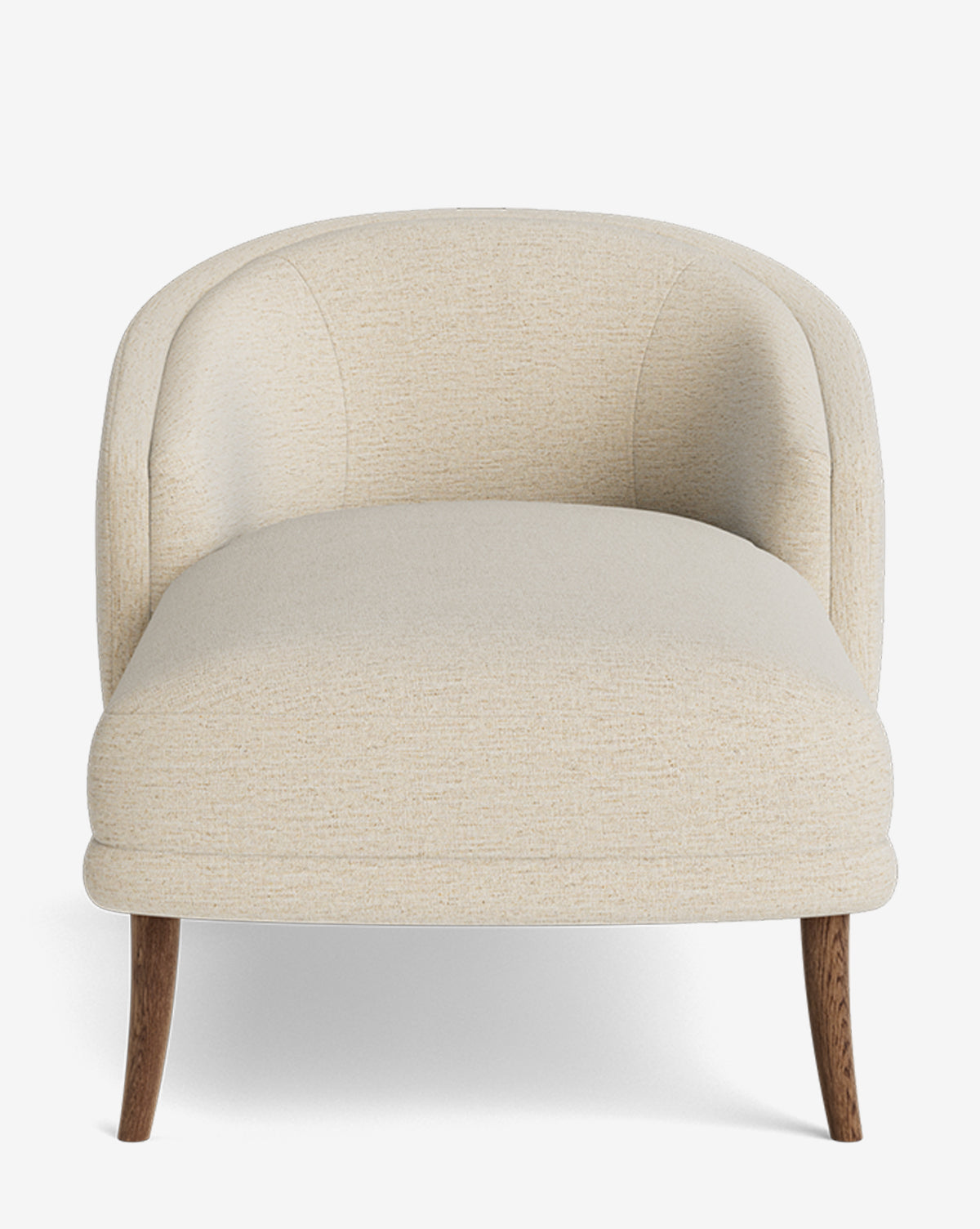 Front view of the Marguerite Chaise Lounge accent chair featuring a rounded backrest, beige fabric upholstery, and wooden legs, set against a plain white background, by McGee & Co.