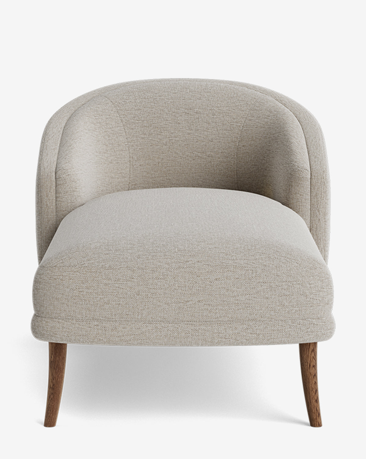 Front view of the Marguerite Chaise Lounge in light beige upholstery with a curved backrest and four angled wooden legs, combining modern traditional style and comfort for customizable relaxation on a white background, by McGee & Co.