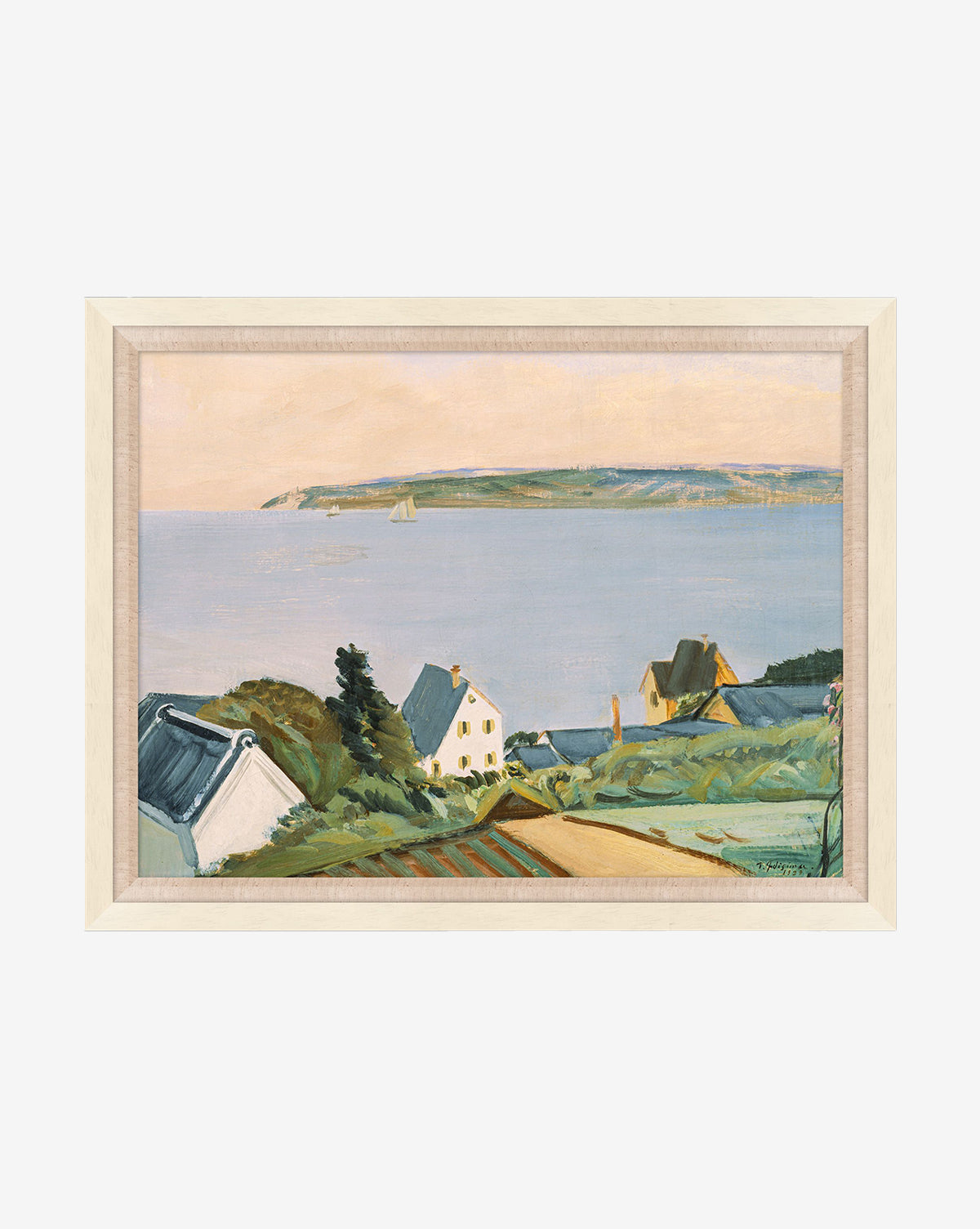Marina Vista is a framed, museum-quality painting of a peaceful waterside scene with houses, green fields, and trees in the foreground, looking out over blue water with a sailboat and distant shore beneath a gentle sky, by McGee & Co.