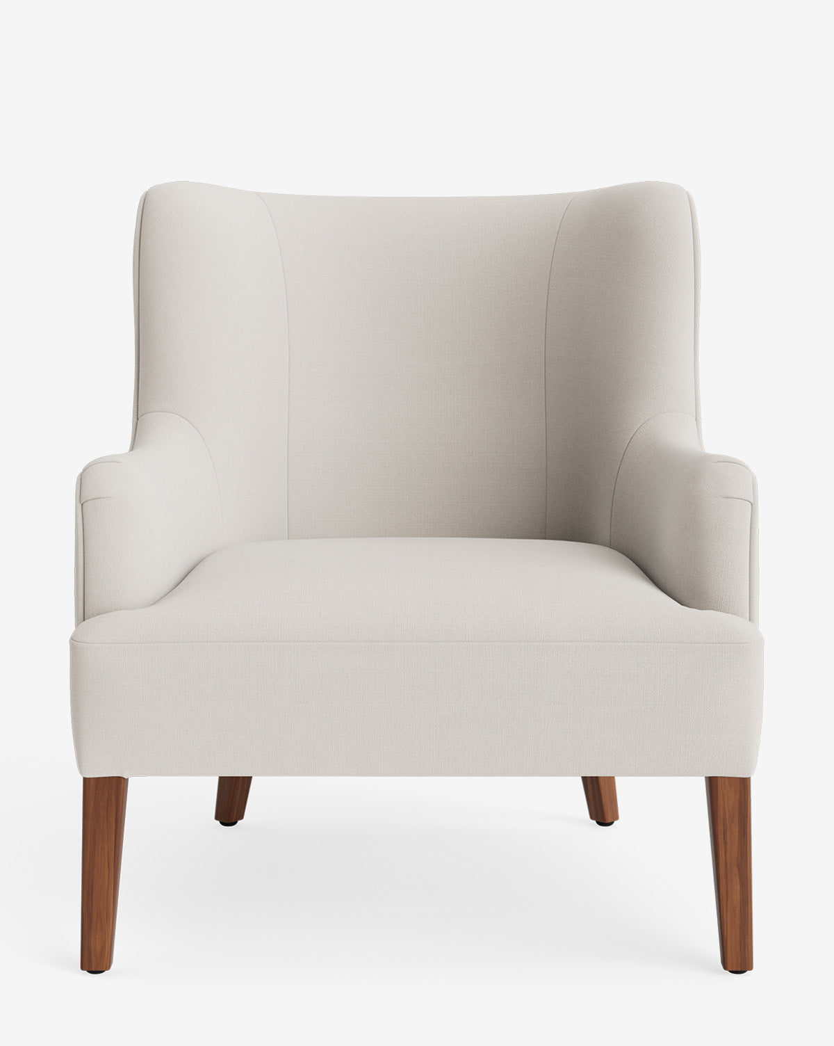 The Marion Lounge Chair showcases light beige performance fabric upholstery, a wide seat, curved backrest, and angled wooden legs—all highlighted against a white background by McGee & Co.