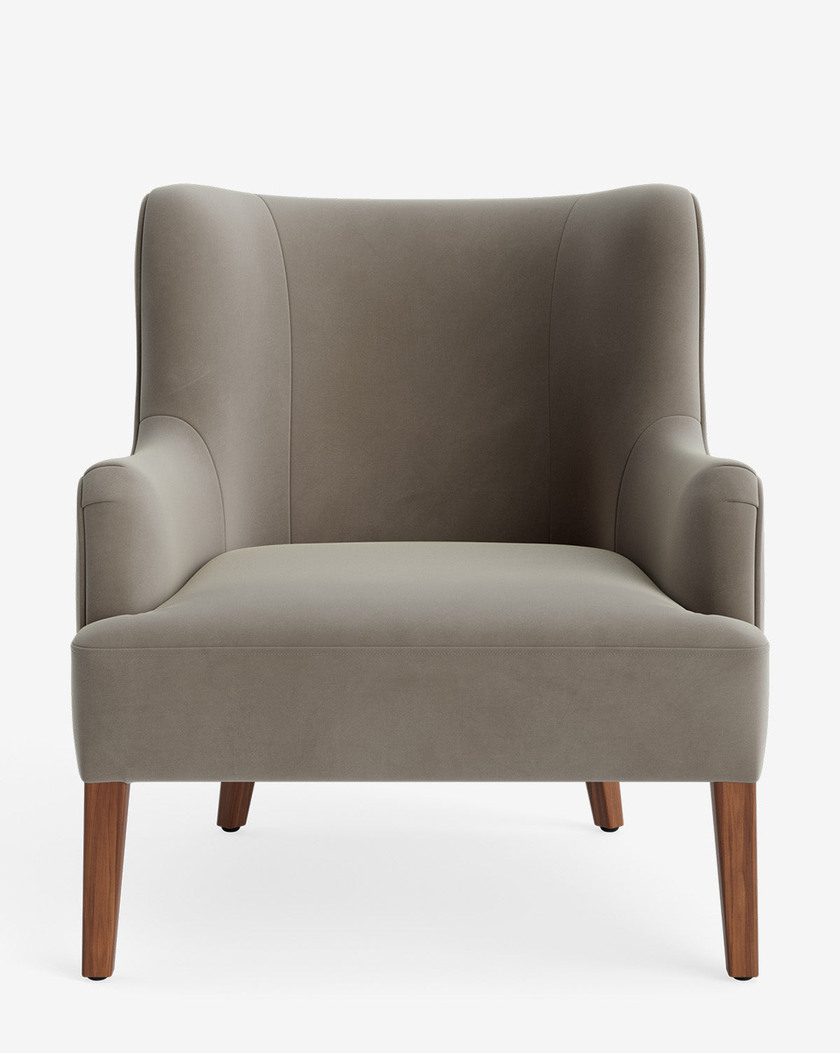 The Marion Lounge Chair has a high curved back, wide cushioned seat, smooth grey performance fabric, rounded armrests, and four angled wooden legs for a modern look and comfort, by McGee & Co.