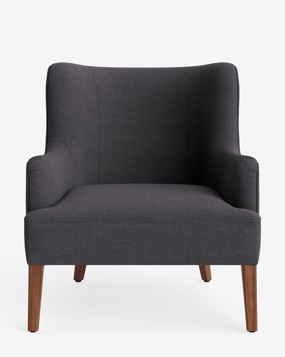 The Marion Lounge Chair, shown from the front on a white background, features performance dark gray fabric, a curved backrest, and wooden legs, by McGee & Co.
