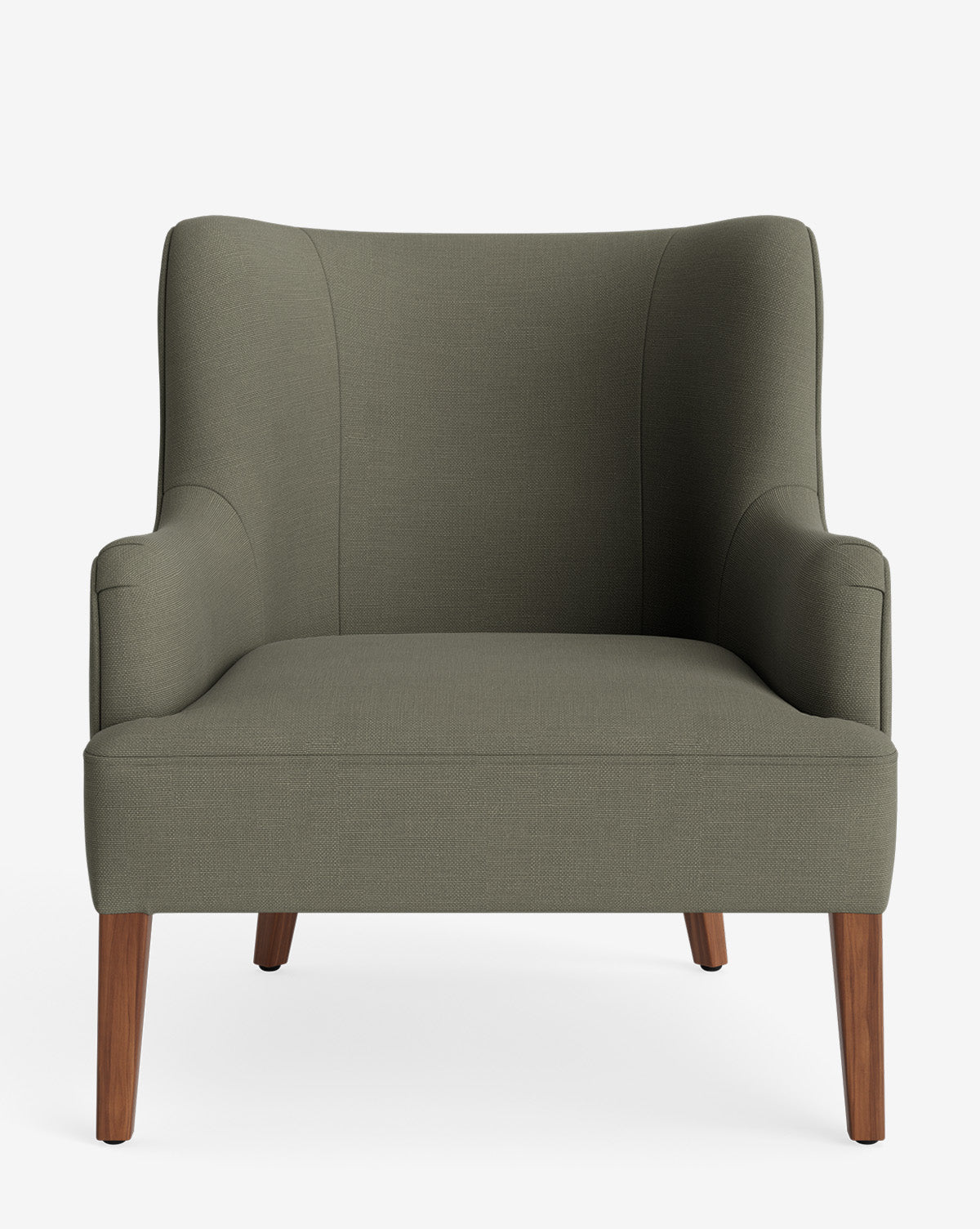 The Makerspalm Marion Lounge Chair features olive green performance fabric upholstery, a wide seat, curved backrest, and wooden legs, shown against a white background. McGee & Co.