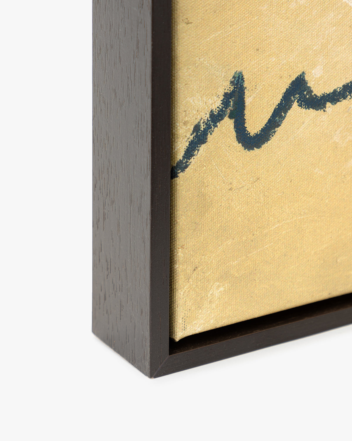Close-up of Mark Making framed wall art, showcasing a black wavy line on a beige background, with a dark wooden frame along the left and bottom edges, by McGee & Co.