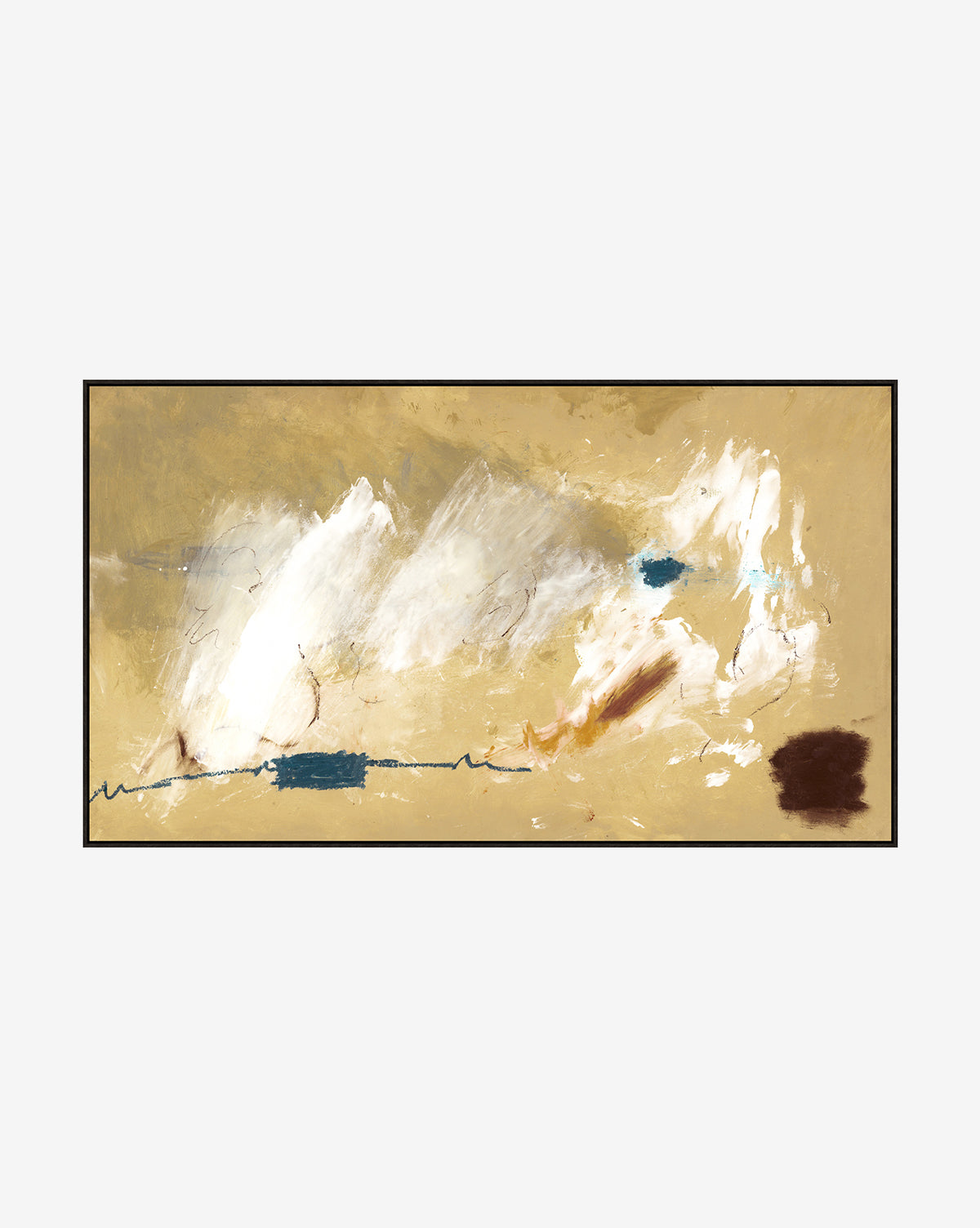 Mark Making is an abstract painting on gallery-wrapped canvas with a beige background and dynamic white, blue, brown, and black brushstrokes. Its sweeping textures create striking, colorful non-representational wall art by McGee & Co.