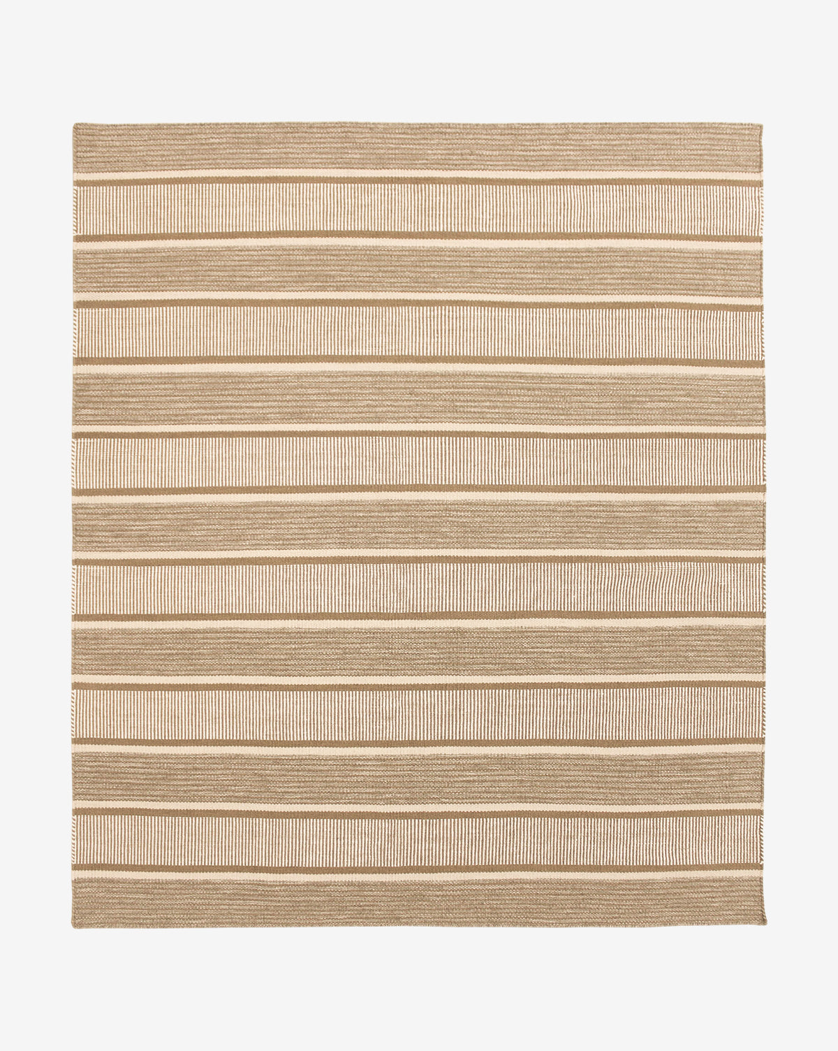 The Marlon Handwoven Wool Rug features alternating wide tan and narrow beige horizontal stripes on a light background, offering a simple geometric design that brings subtle elegance to any room, by McGee & Co.