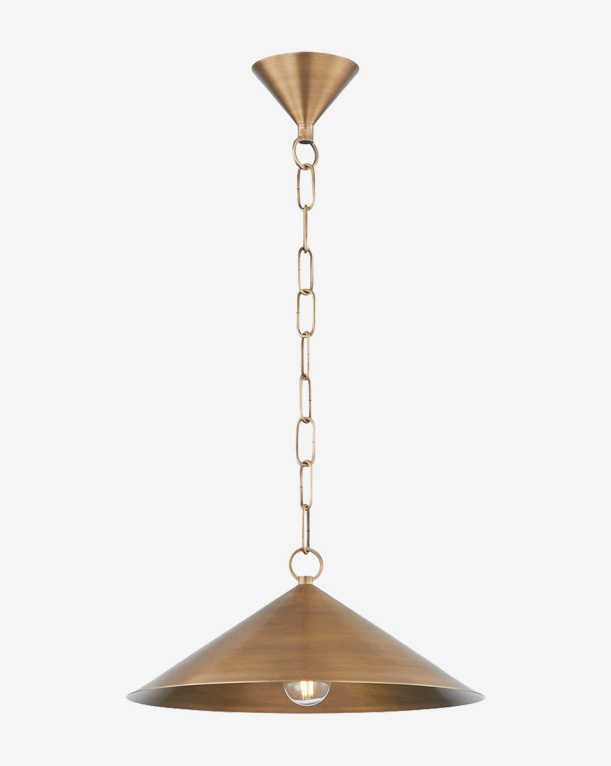 The Midvale Pendant showcases a conical shade in patina brass, suspended by a chain and ceiling mount, against a plain white background, by McGee & Co.
