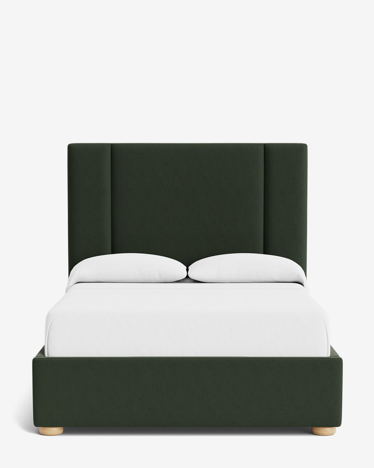 The Mina Bed showcases a modern dark green upholstered frame with a tall paneled headboard, white bedding, two pillows, and light wooden legs—all crafted from premium materials and viewed front-facing on a plain white background, by McGee & Co.