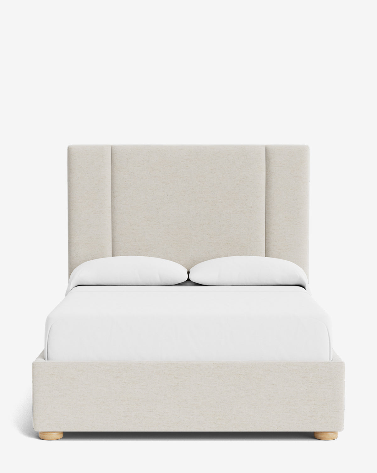 The Mina Bed showcases a beige upholstered frame crafted with premium fabric, a tall paneled headboard, two white pillows, and a white duvet, all displayed against a plain white background by McGee & Co.