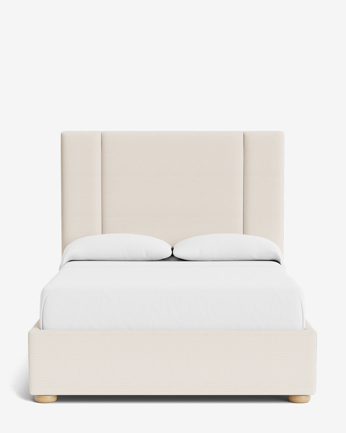 The Mina Bed showcases a beige upholstered frame with a tall paneled headboard, wooden legs, white bedding, two pillows, and a duvet. Crafted from premium fabrics and presented against a plain white background, by McGee & Co.