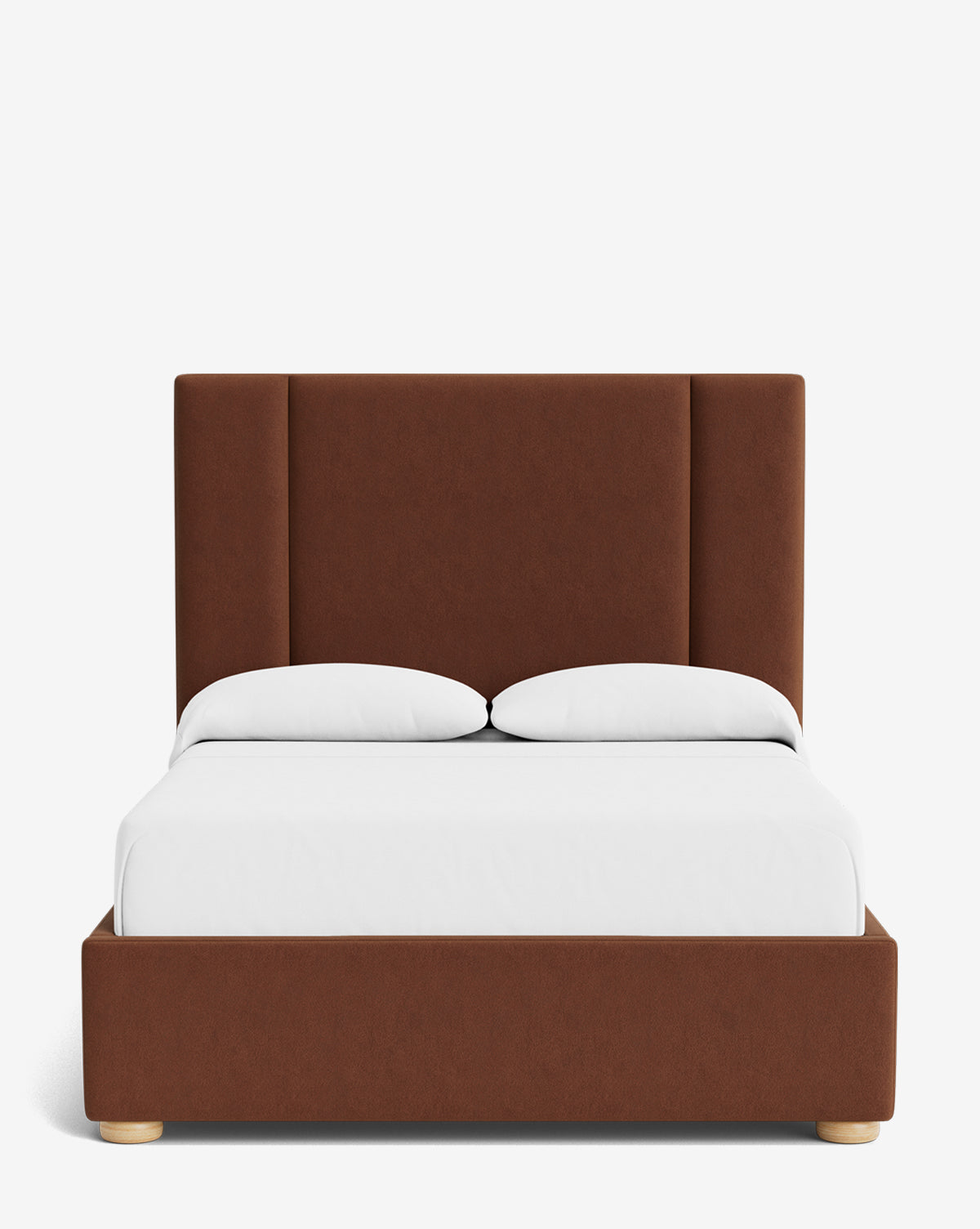 The Mina Bed features a tall brown upholstered frame and base in high-end fabric, paired with a white mattress and two white pillows, set against a plain white background, by McGee & Co.