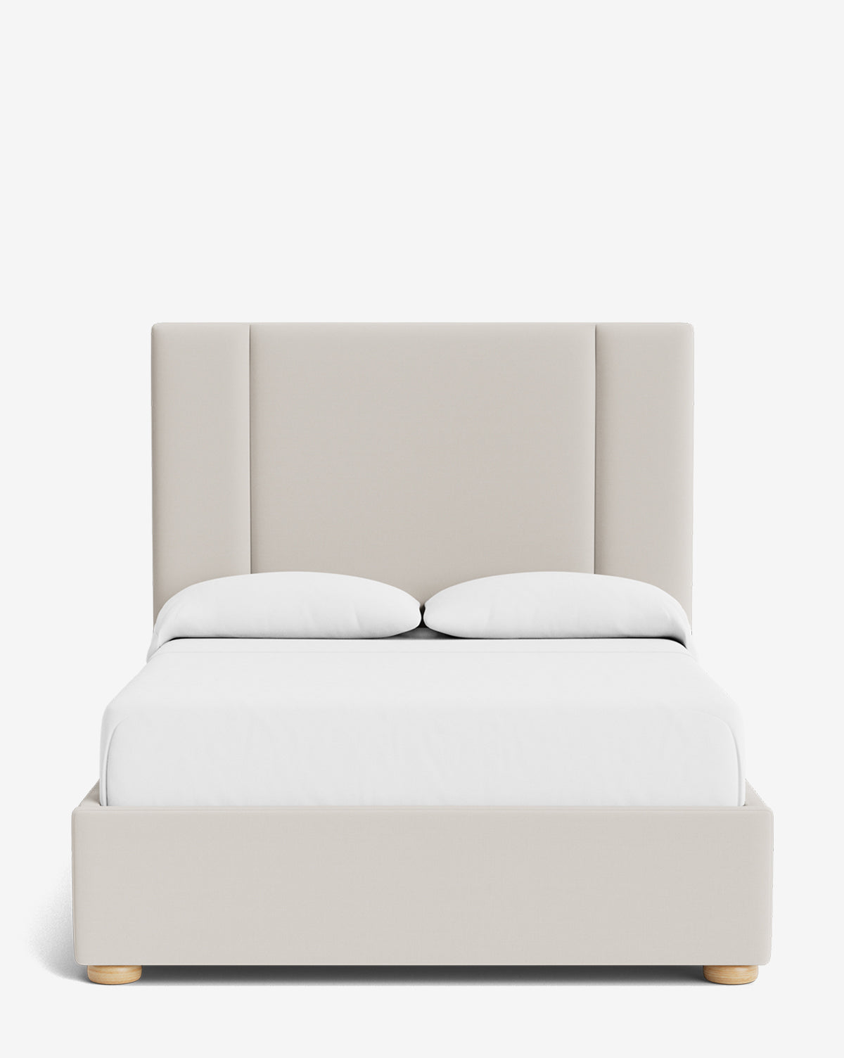 The Mina Bed features a tall cushioned beige headboard, premium fabrics, two white pillows, and a neatly made white bedspread, set against a plain white background by McGee & Co.