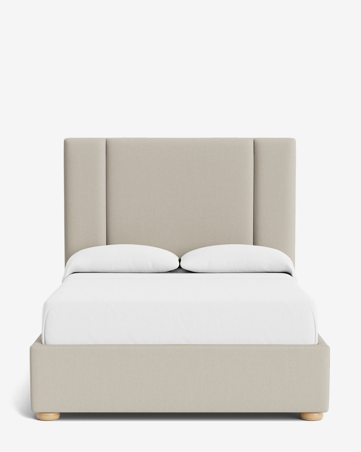 The Mina Bed features a modern beige upholstered frame, tall paneled headboard, white bedding with two pillows, and elegant wooden legs. Its minimalistic design and high-end fabric offer both style and comfort, by McGee & Co.