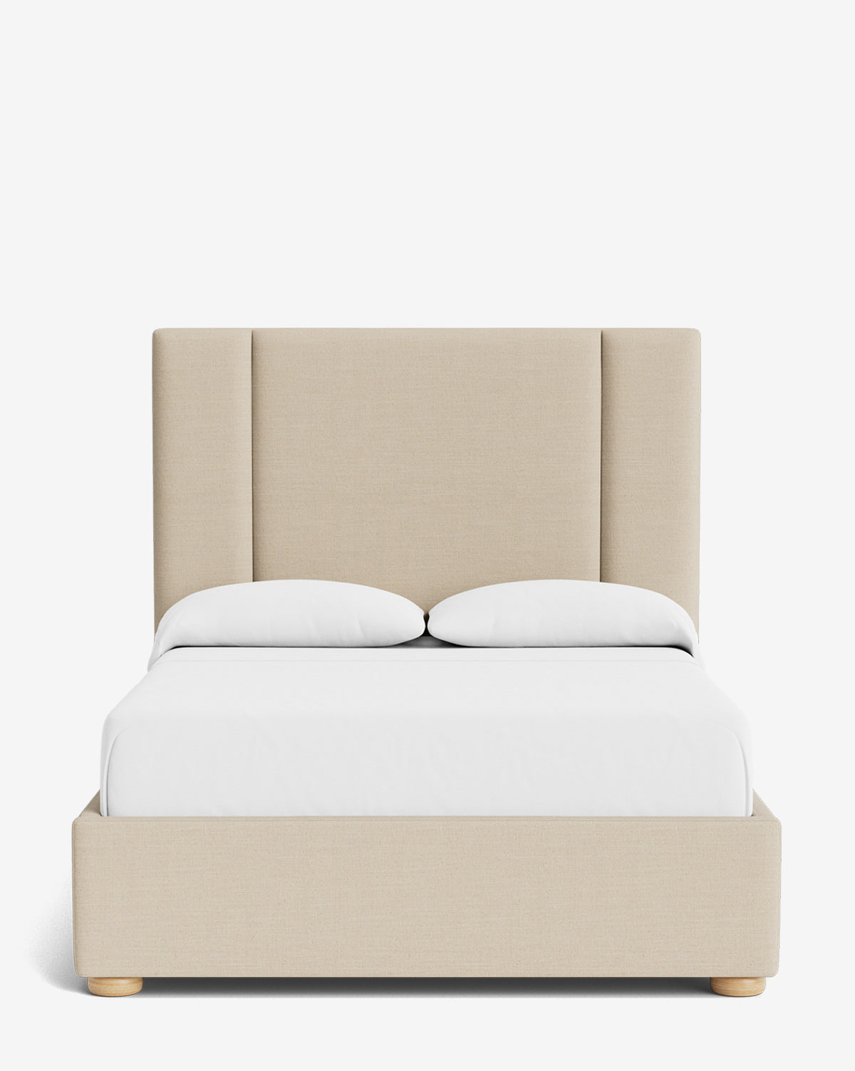 The Mina Bed showcases a tall, paneled headboard and beige upholstered frame crafted from premium fabric. Styled with white bedding and two pillows, its photographed front-facing against a plain white background, by McGee & Co.