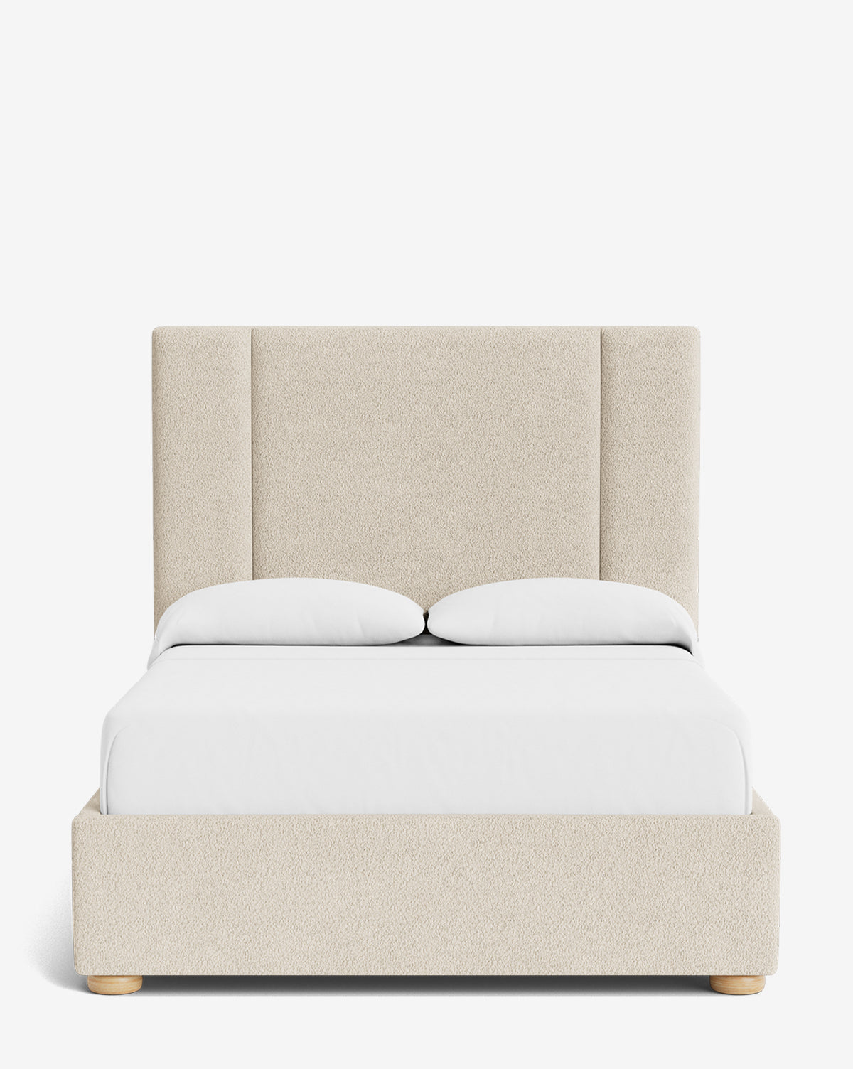 The Mina Bed showcases a beige upholstered frame, tall padded headboard, white bedding with two pillows, and light wooden legs—all crafted from premium materials—against a plain white background, by McGee & Co.