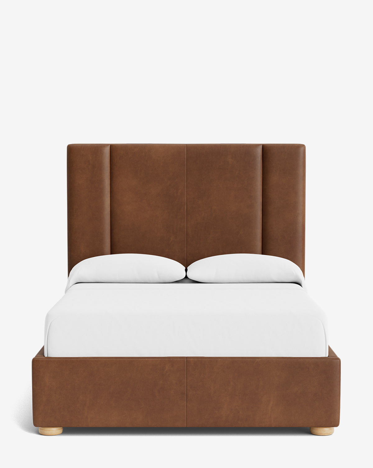 The Mina Bed features a tall, brown upholstered frame in premium fabric, complete with two white pillows and a white fitted sheet, displayed on a plain white background, by McGee & Co.