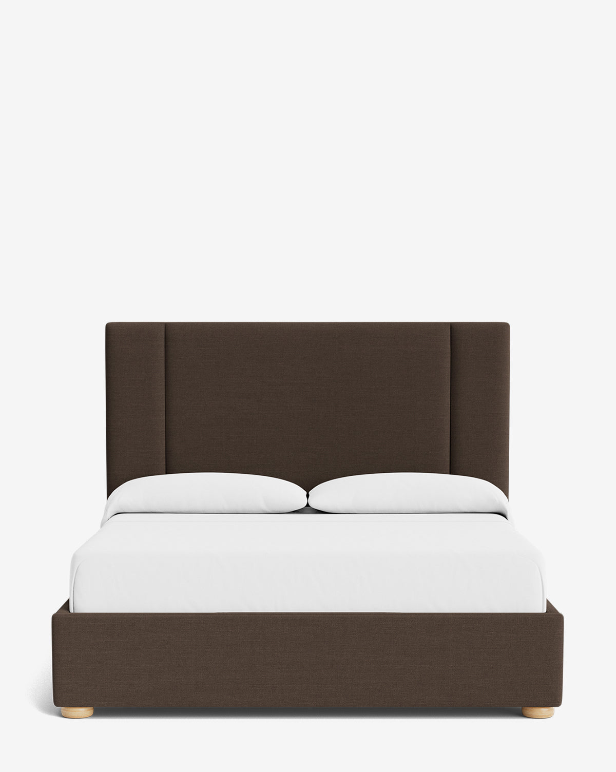 The Mina Bed showcases a modern dark brown upholstered frame with a tall headboard, premium fabrics, white bedding, and two pillows, all displayed against a simple white background by McGee & Co.