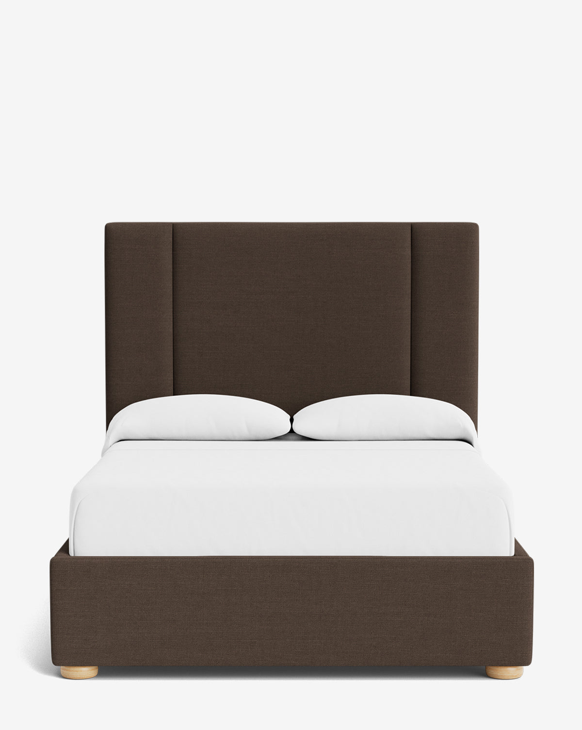The Mina Bed features a tall, dark brown upholstered frame and headboard in premium fabric, paired with a white mattress and two white pillows, all set against a plain white background by McGee & Co.