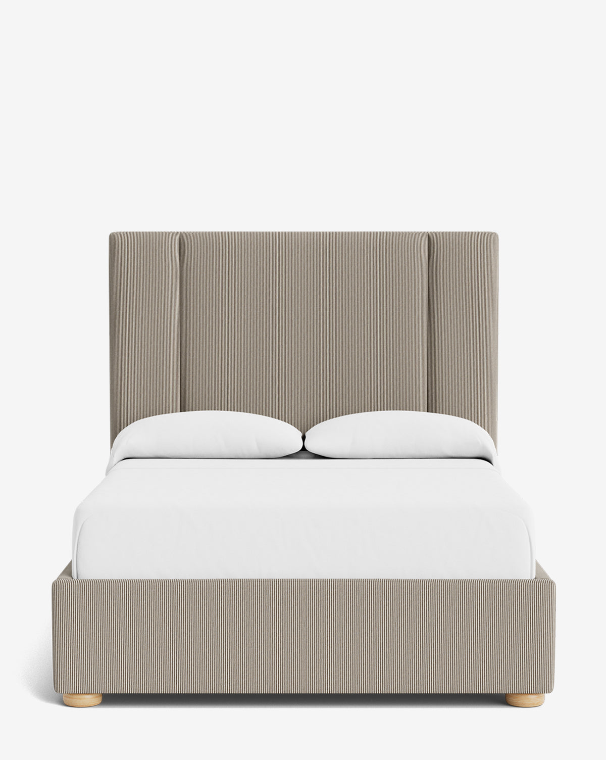 The Mina Bed boasts a tall, upholstered beige headboard and frame made from premium fabric. Simple wooden legs and crisp white bedding add modern appeal, making it stylish and inviting against a plain white background, by McGee & Co.