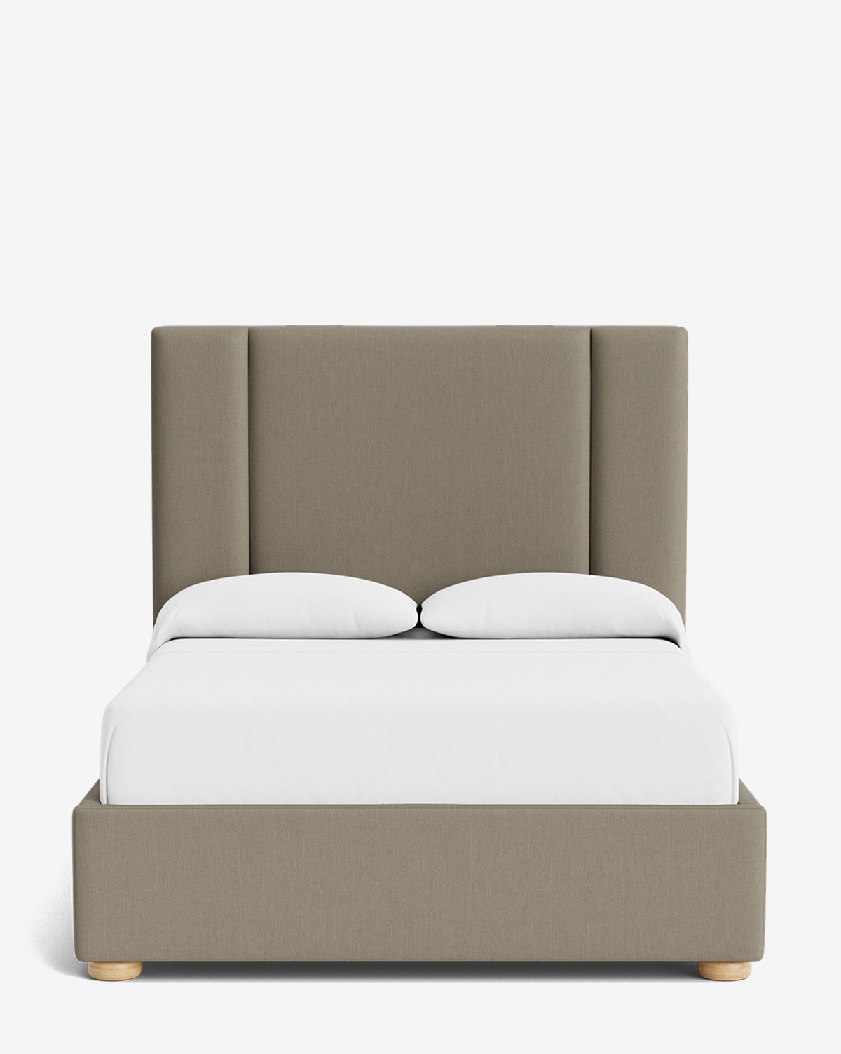 The Mina Bed showcases a tall, upholstered taupe headboard, two white pillows, white bedding, and a low base with light wooden legs—an elegant bed frame crafted from premium fabrics, displayed against a plain white background, by McGee & Co.
