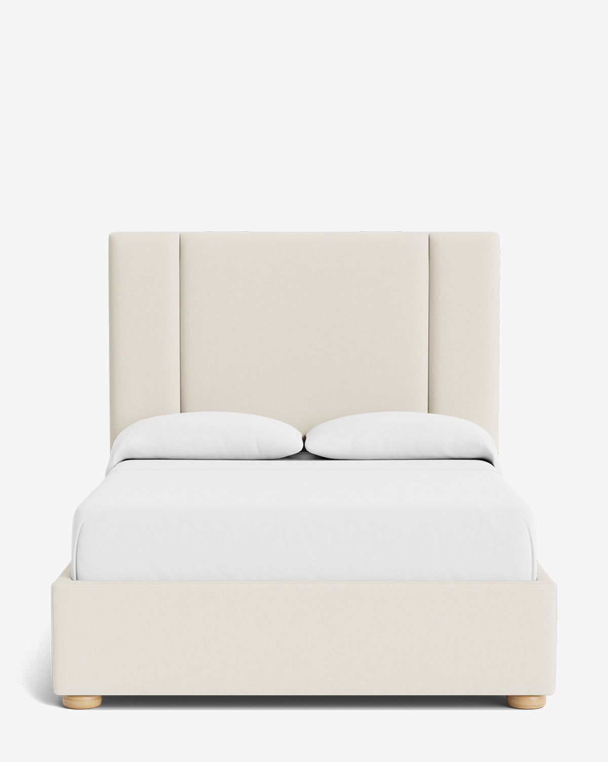 The Mina Bed boasts a minimalist look with a tall, padded cream headboard and upholstered frame, accented by two white pillows and a crisp white duvet, all presented against a plain white background, by McGee & Co.