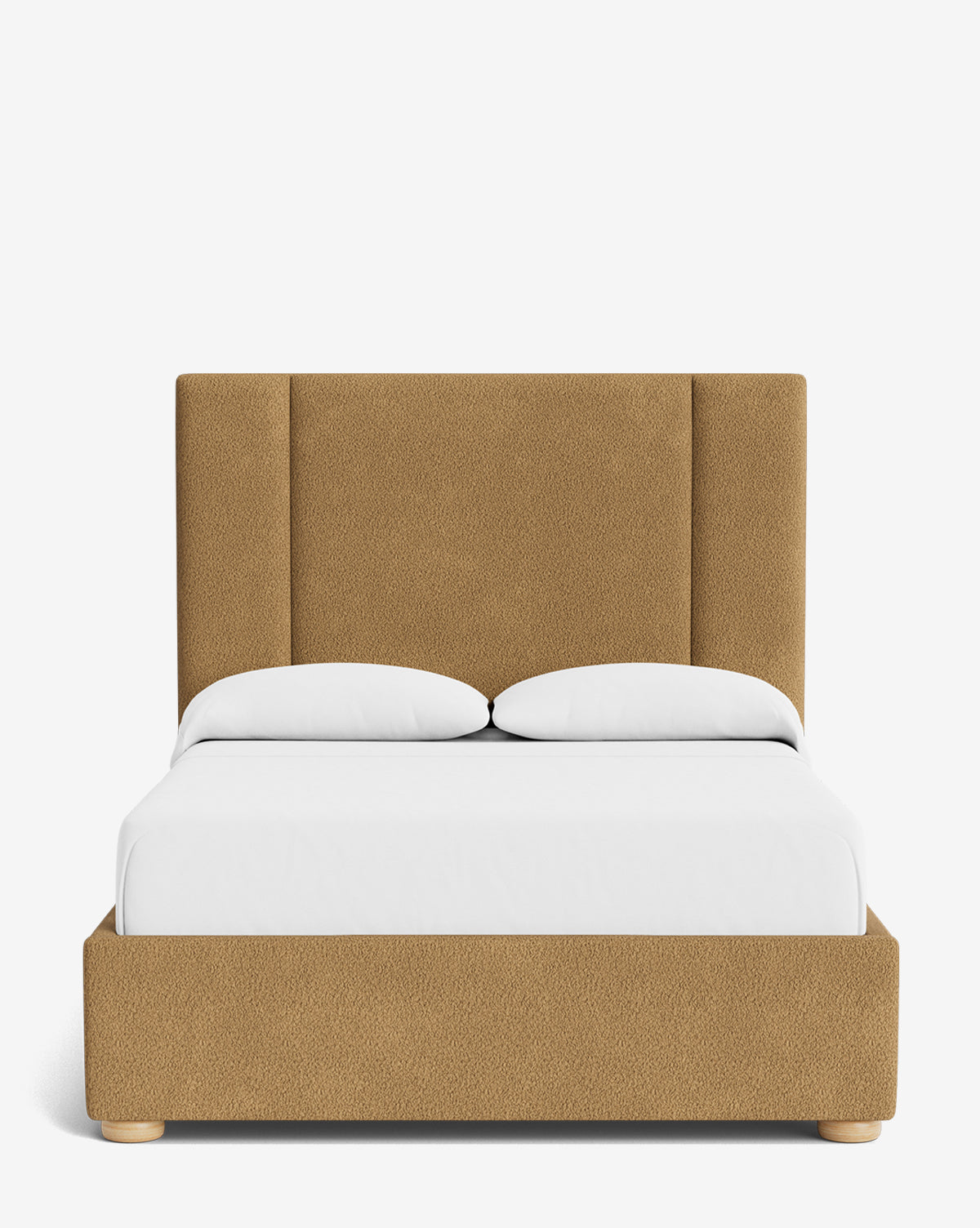 The Mina Bed is a tall, tan upholstered bed frame made from premium fabric, shown from the front with white bedding and two pillows, all set against a white background, by McGee & Co.