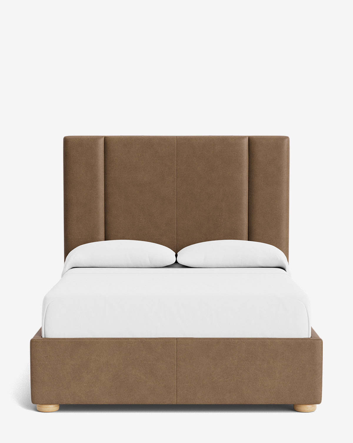 The Mina Bed features a tall brown upholstered headboard and bed frame made from premium fabric. Smooth lines, wooden legs, white bedding, and two pillows create a modern look against a plain white background by McGee & Co.