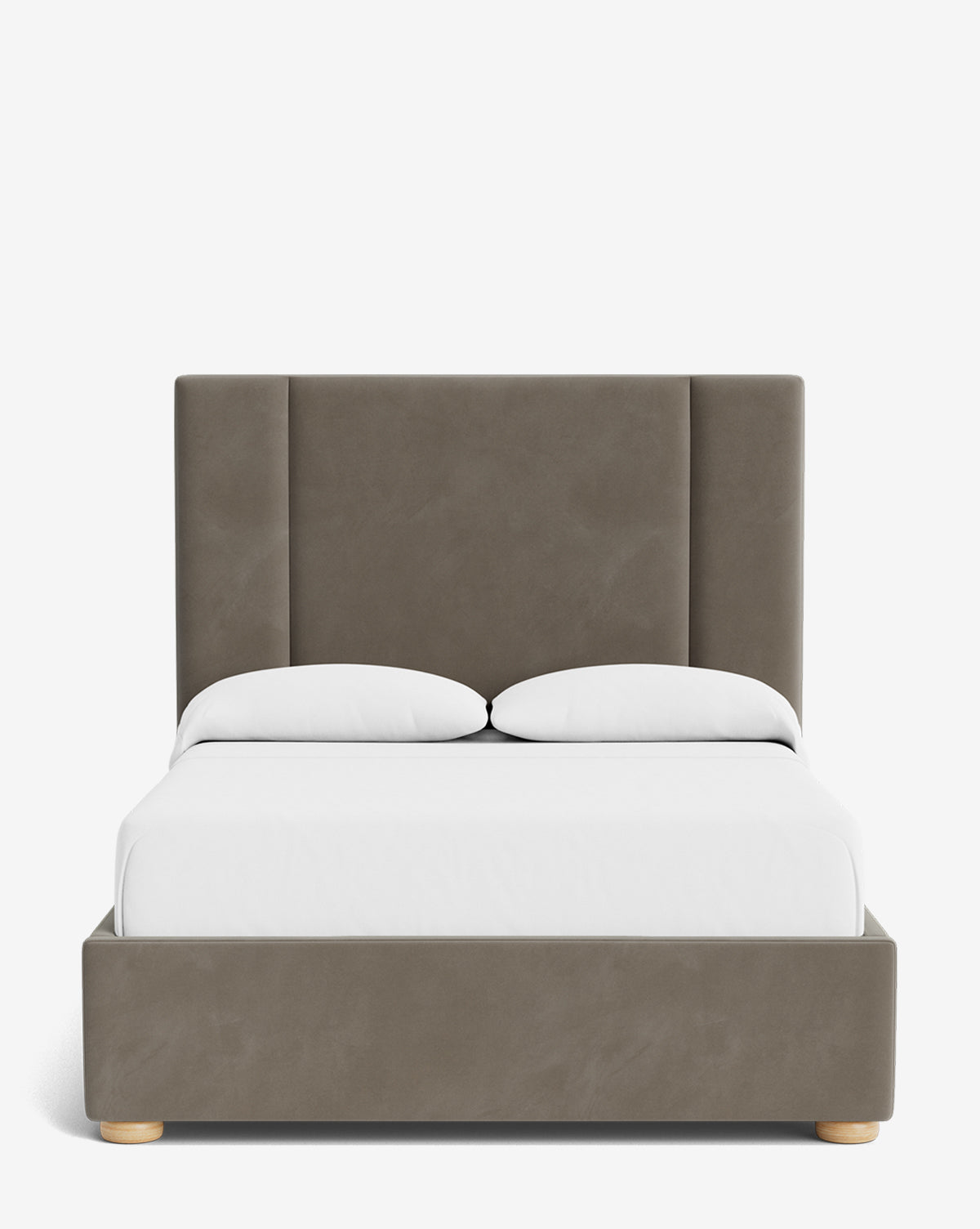 The Mina Bed is a modern upholstered frame with a tall gray headboard, white bedding, two pillows, and round wood legs—crafted from premium fabric and showcased on a plain white background, by McGee & Co.