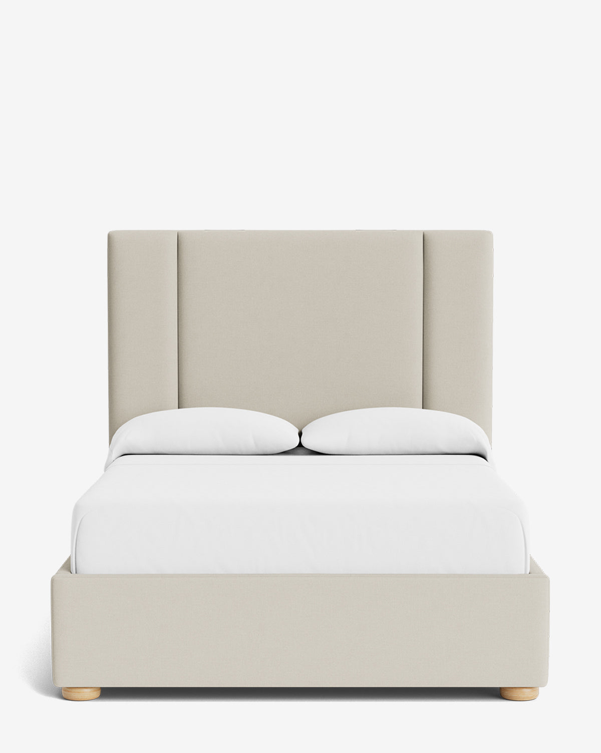 The Mina Bed is a modern beige upholstered frame with a tall panelled headboard, shown from the front with white bedding and two pillows against a plain white background by McGee & Co.