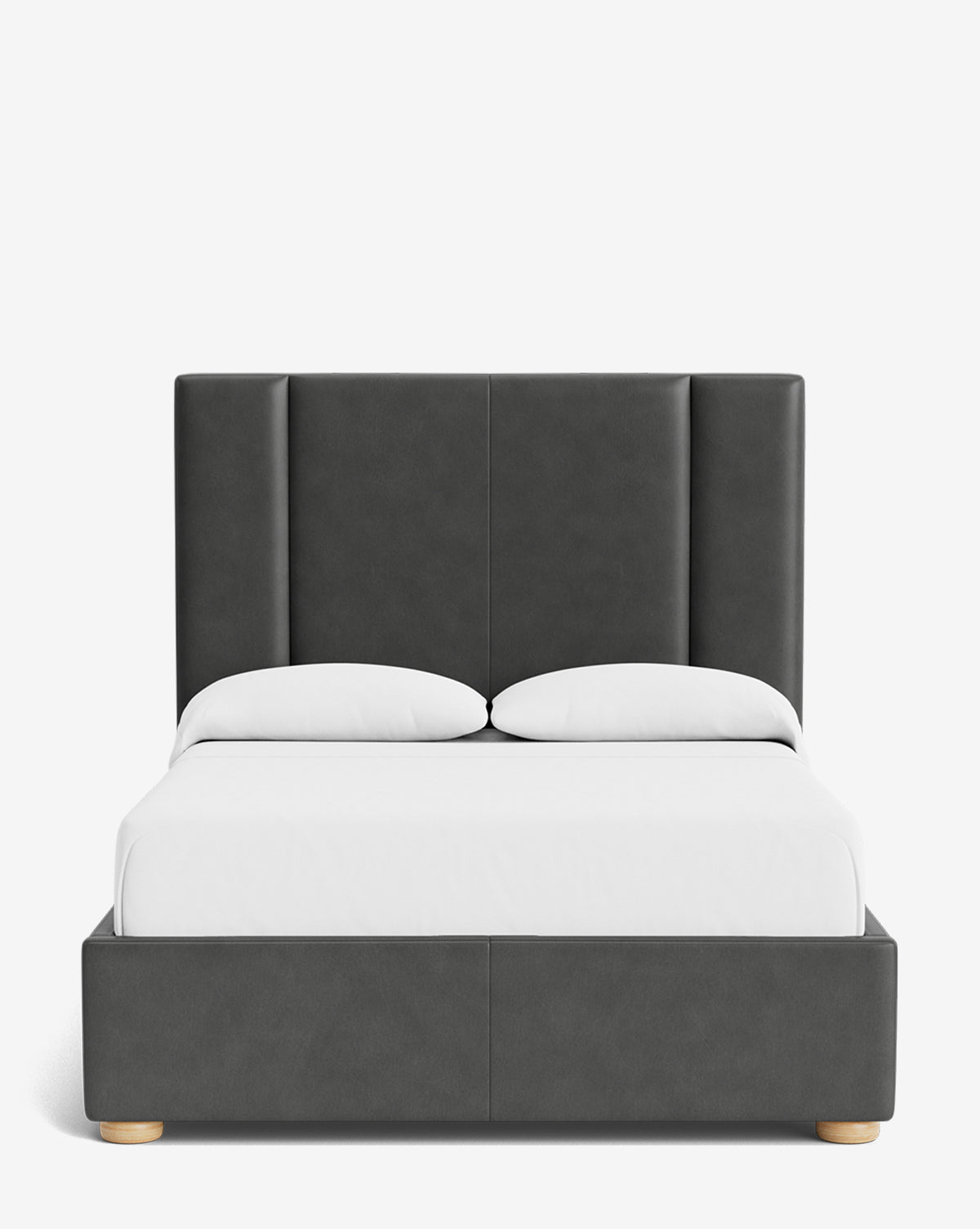 The Mina Bed features a tall, dark gray upholstered headboard with high-end fabric, white bedding, and two pillows. This minimalist bed frame stands on light wooden feet against a plain white background, by McGee & Co.