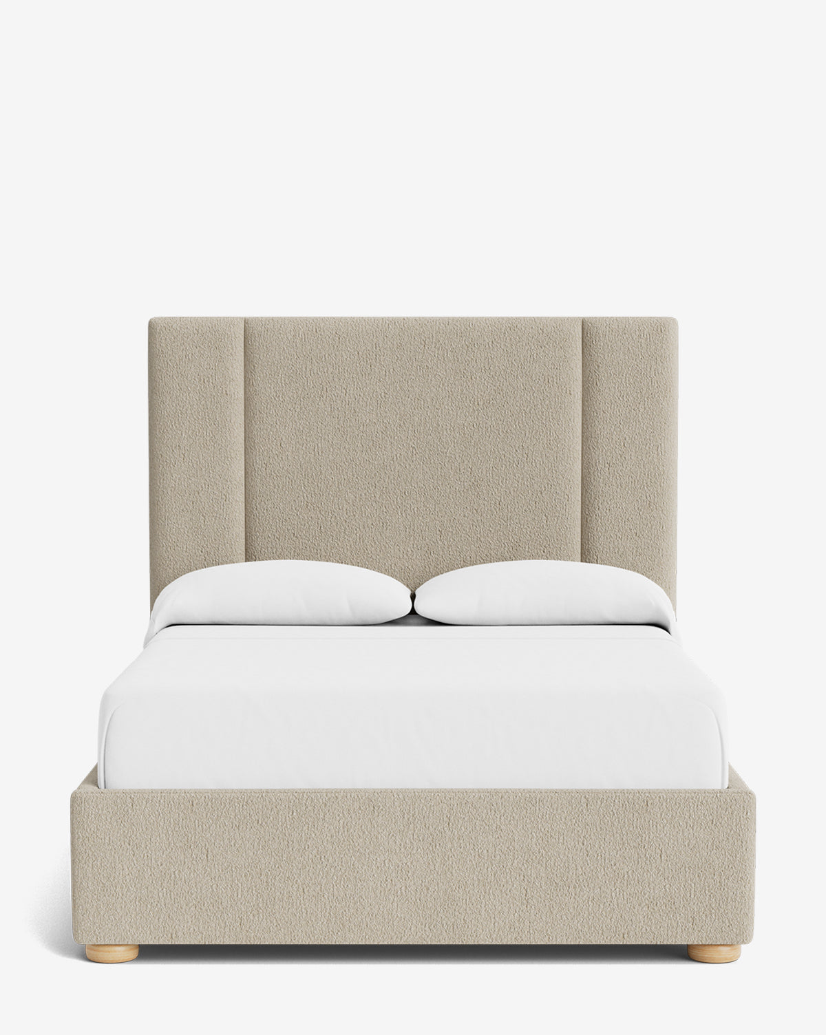 The Mina Bed showcases a beige upholstered frame with a tall paneled headboard, white bedding, and wooden legs. Crafted from premium materials, its displayed on a plain white background, by McGee & Co.
