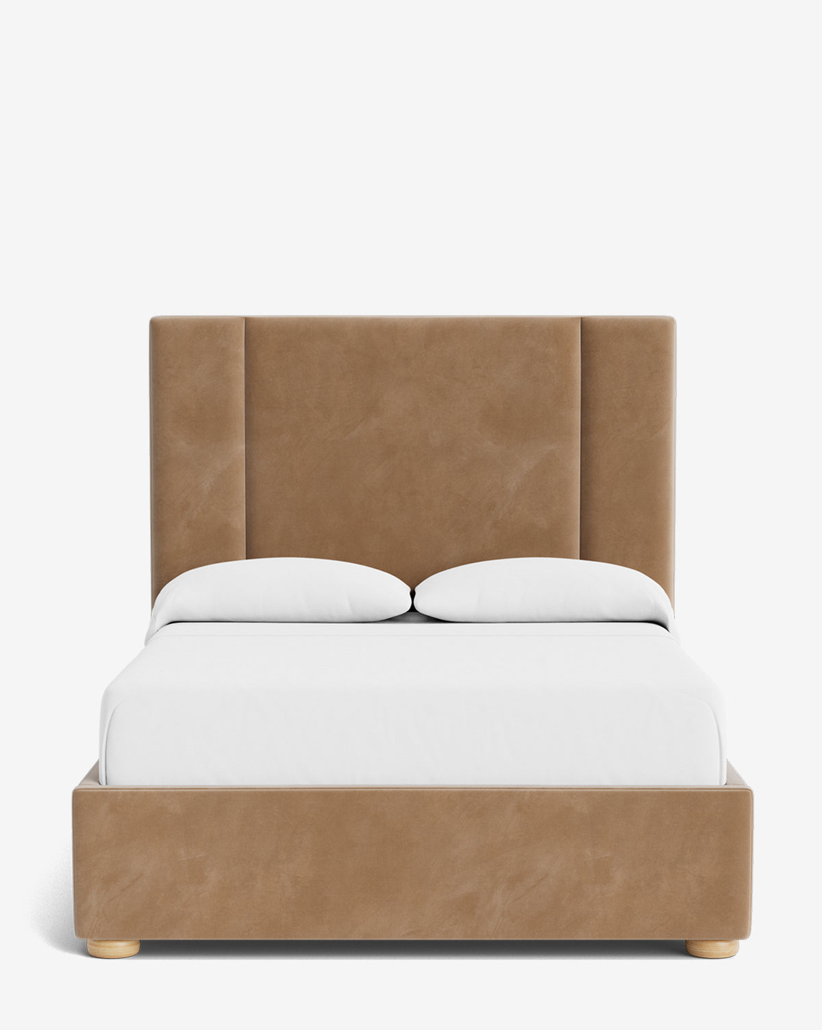 The Mina Bed boasts a tall, tan upholstered headboard and elegant frame with minimalist wooden feet, complemented by crisp white bedding for a refined look, by McGee & Co.